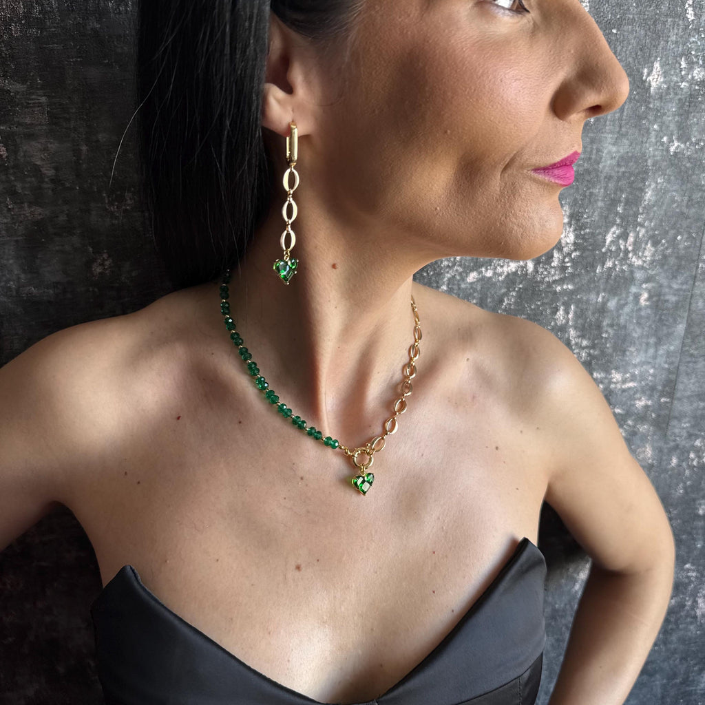 Emerald Green Necklace and Earrings Set Gold Heart Jewelry Set Green Crystal Beaded Choker