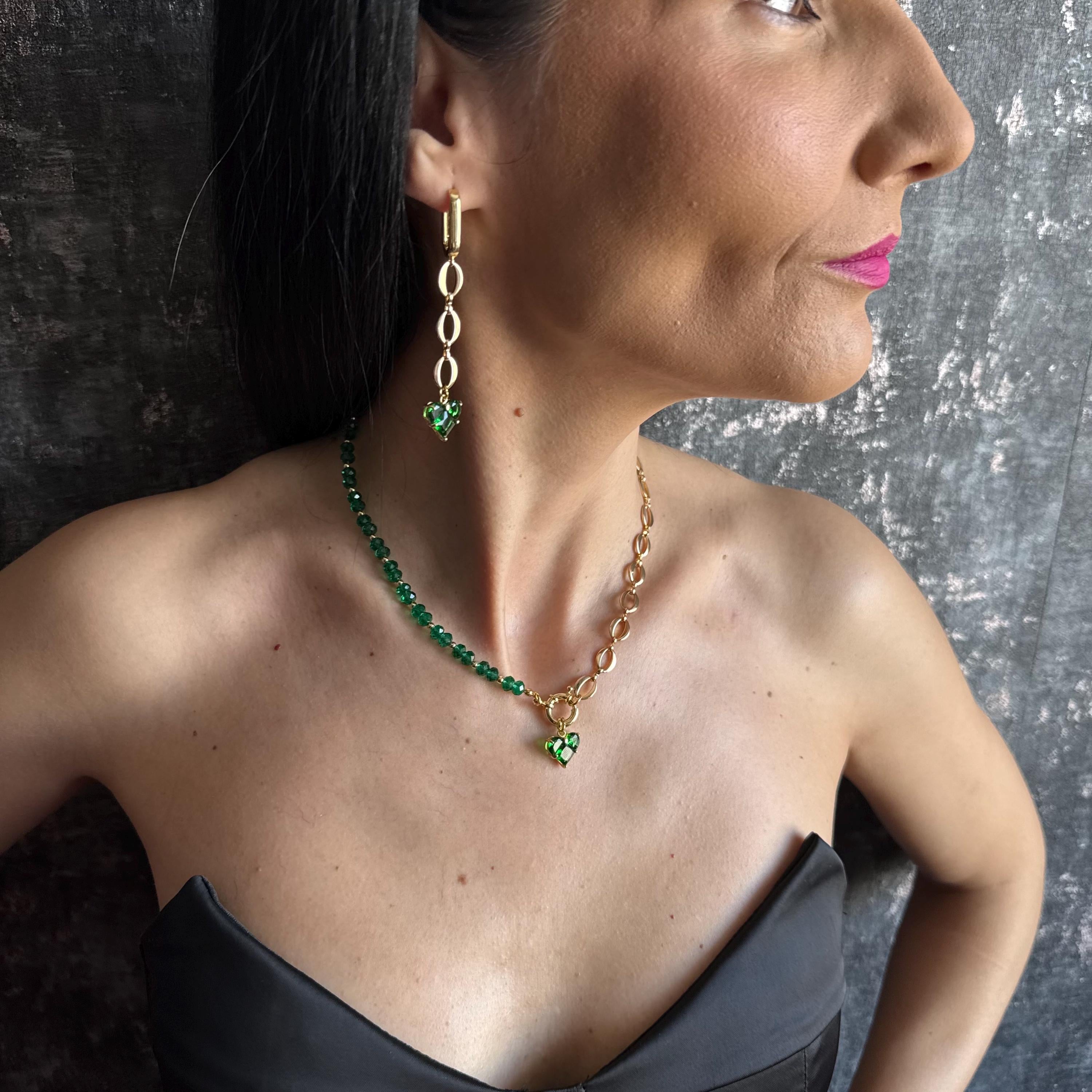 Emerald Green Necklace and Earrings Set Gold Heart Jewelry Set Green Crystal Beaded Choker