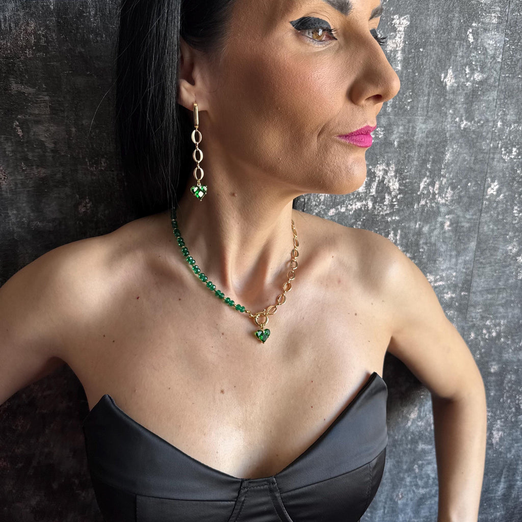 Emerald Green Necklace and Earrings Set Gold Heart Jewelry Set Green Crystal Beaded Choker