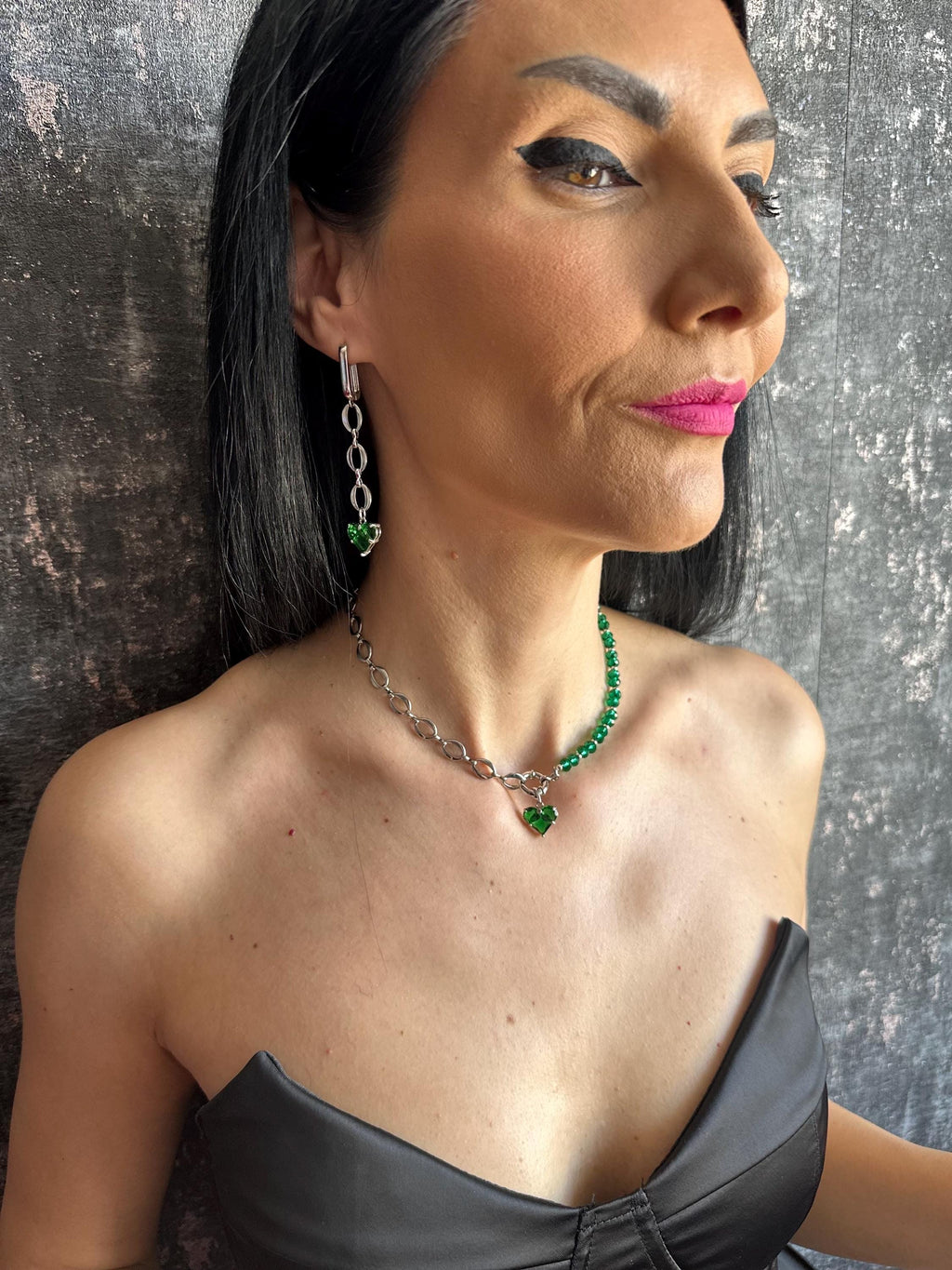 Emerald Green Earrings Gold Heart Chain Drop Asymmetrical Earrings Statement Jewelry Gift Idea Special Occasion Fashion