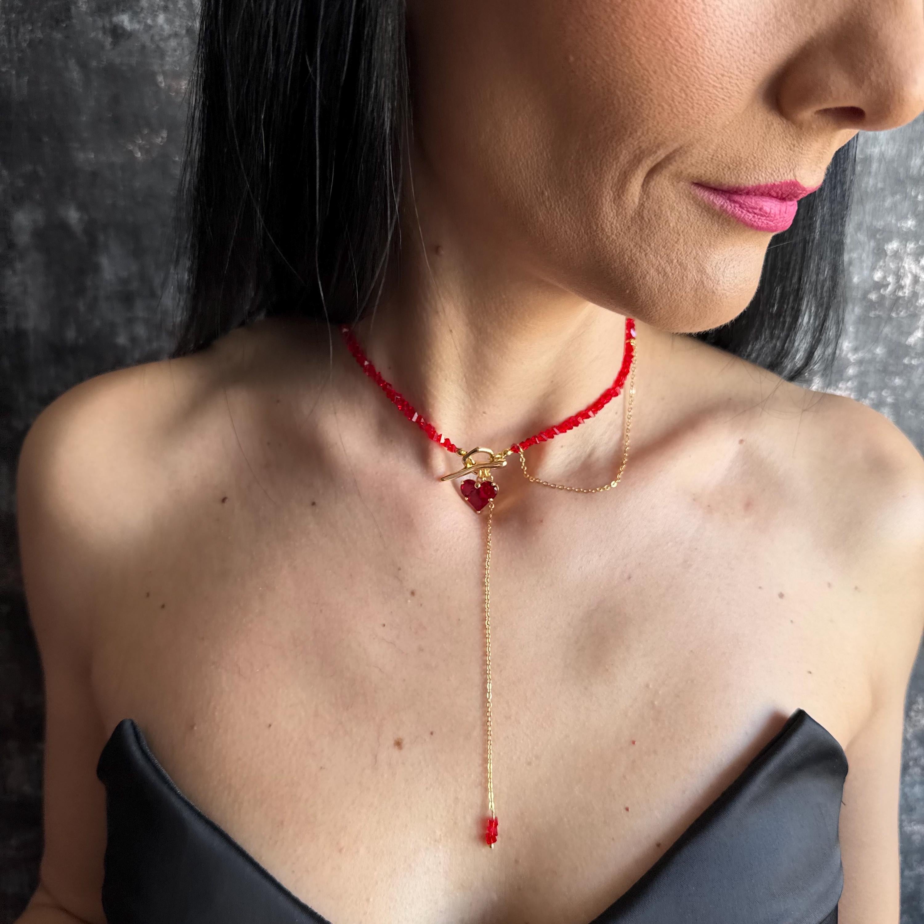 Red Choker Necklace Gold Toggle Clasp Jewelry Heart Charm Beaded Lariat Statement Piece Gift Box Valentine Present Women Accessory