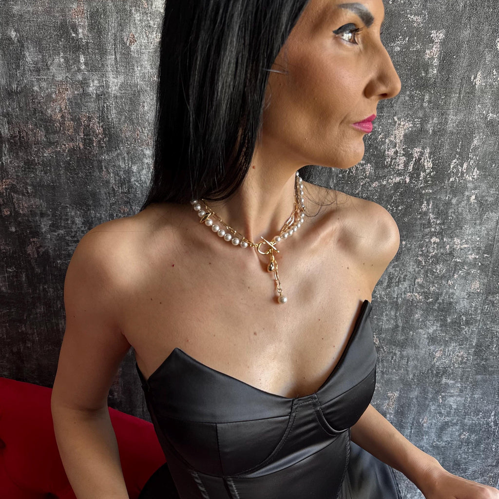 Pearl Lariat Necklace Gold Toggle Pearl Choker Necklace Handmade Pearl Chain Necklace Statement Layering Jewelry