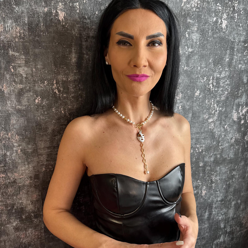 Pearl Choker Necklace with Gold Mask Charm Pendant Drop Dangle Chain Necklace Unique Jewellery Birthday Gift for Her