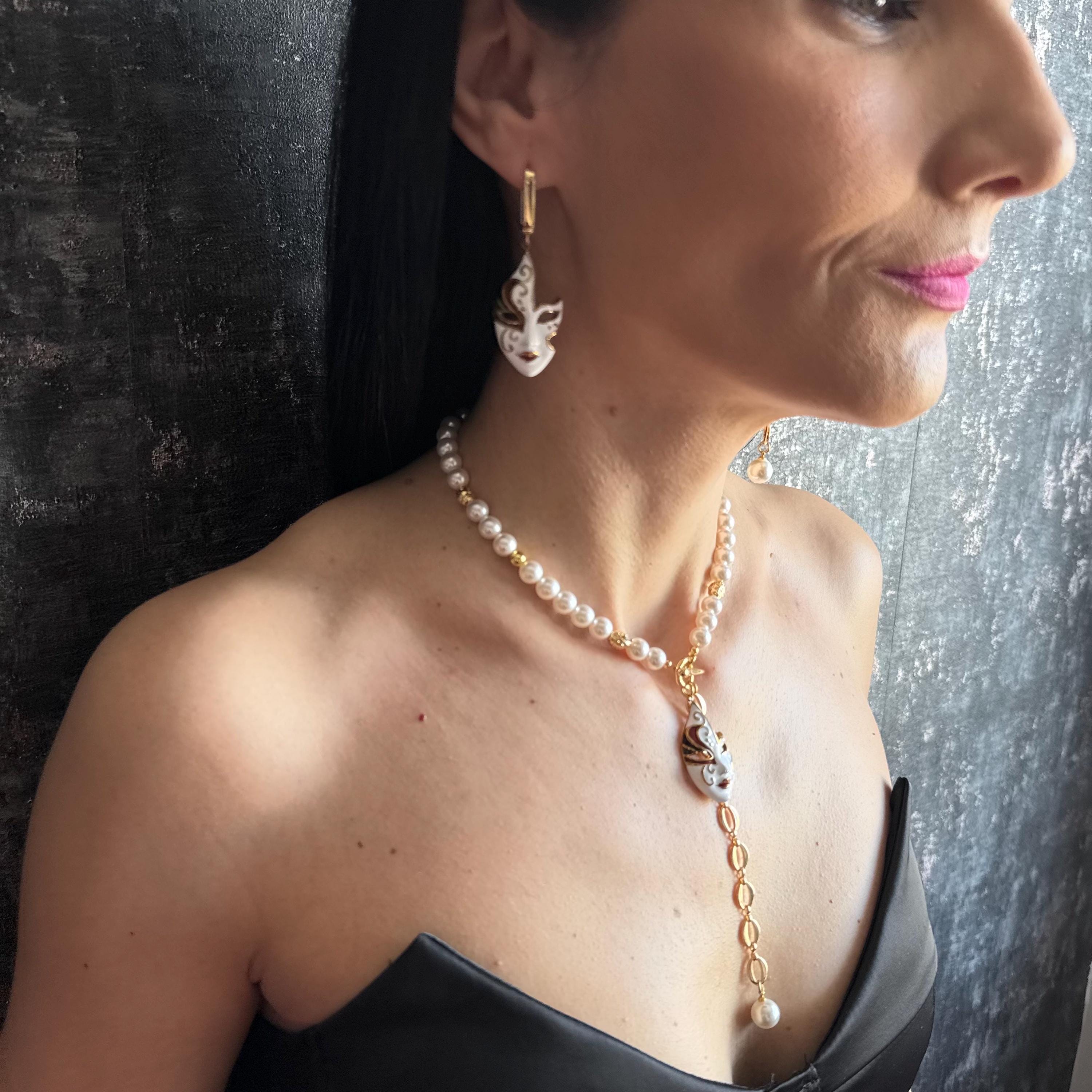 Unique Pearl Jewelry Set with Gold Mask Charm Y Chain Choker Necklace & Asymmetrical Statement Earrings