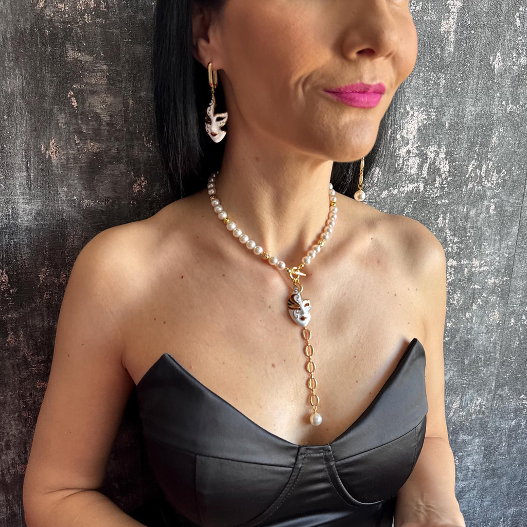 Unique Pearl Jewelry Set with Gold Mask Charm Y Chain Choker Necklace & Asymmetrical Statement Earrings