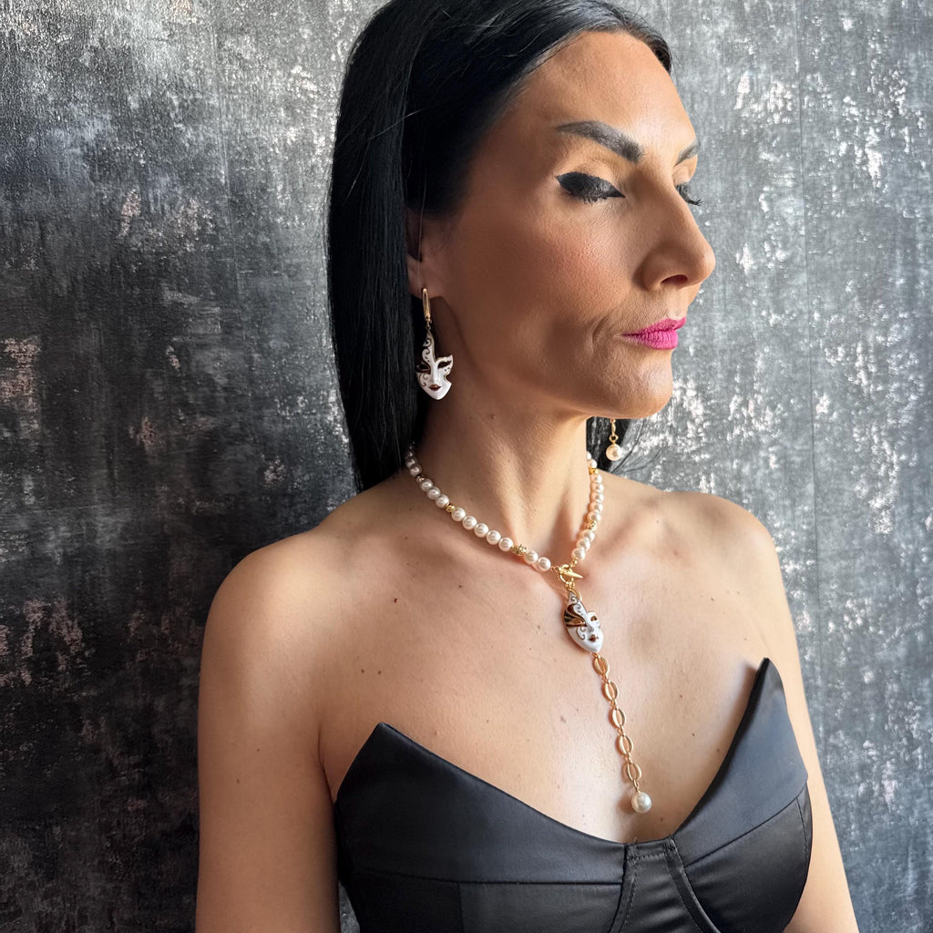 Unique Pearl Jewelry Set with Gold Mask Charm Y Chain Choker Necklace & Asymmetrical Statement Earrings