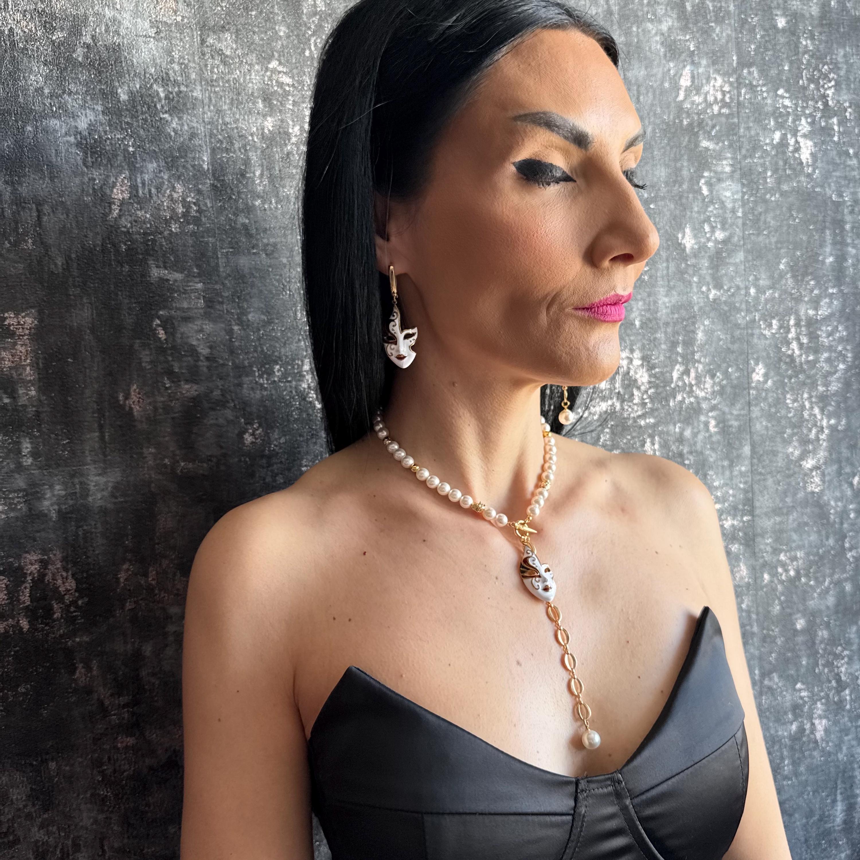 Unique Pearl Jewelry Set with Gold Mask Charm Y Chain Choker Necklace & Asymmetrical Statement Earrings