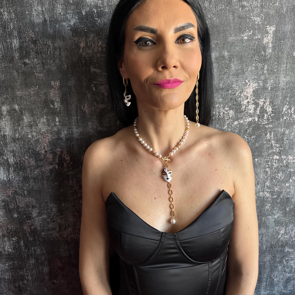 Unique Pearl Jewelry Set with Gold Mask Charm Y Chain Choker Necklace & Asymmetrical Statement Earrings