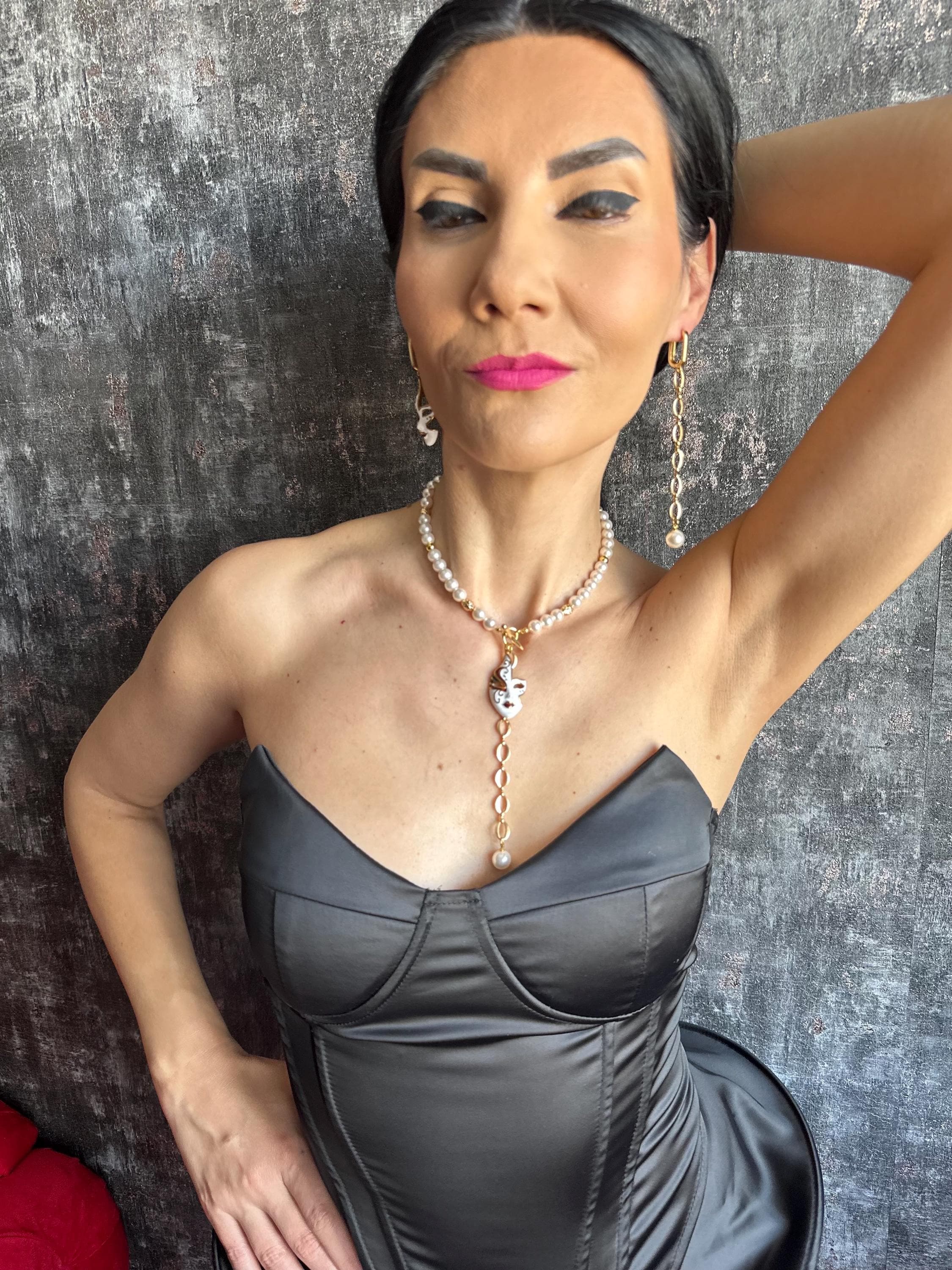 Unique Pearl Jewelry Set with Gold Mask Charm Y Chain Choker Necklace & Asymmetrical Statement Earrings