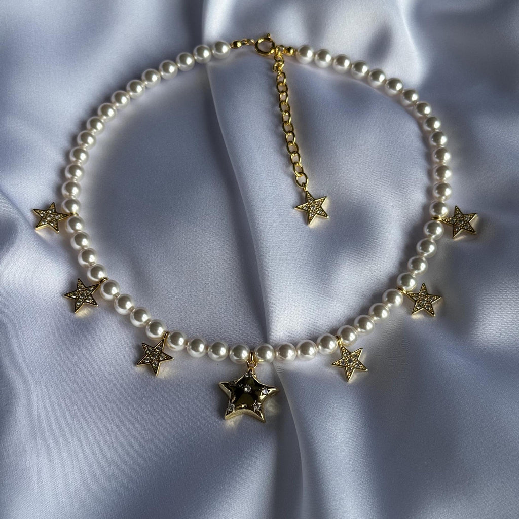 Celestial Star Necklace Swarovski  Pearl Choker Design Handmade Gold Jewelry Austrian Crystal Elements Elegant Fashion Statement Trendy Celestial Theme Adjustable Length Options Wedding Accessory Special Occasion Piece High Quality Construction Dainty