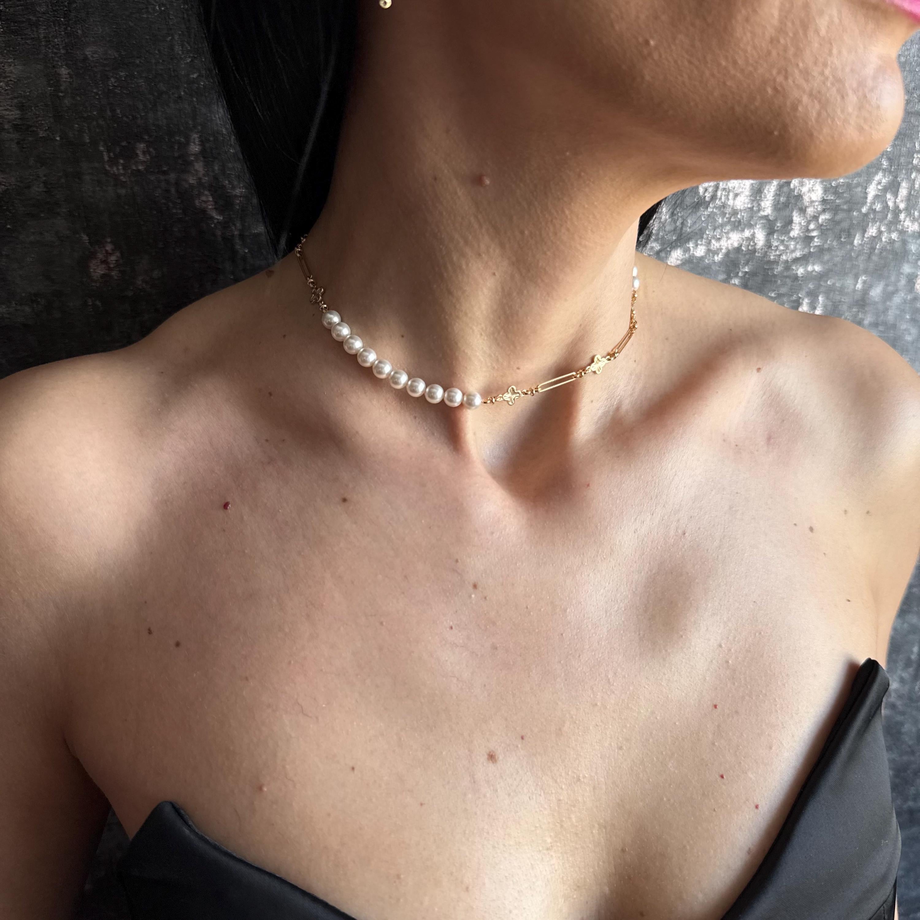 Luxury Pearl Lariat Y Necklace Gold Paperclip Chain Pearl Drop Clover Charm Choker Anniversary Gift for Her Handmade Statement Jewellery