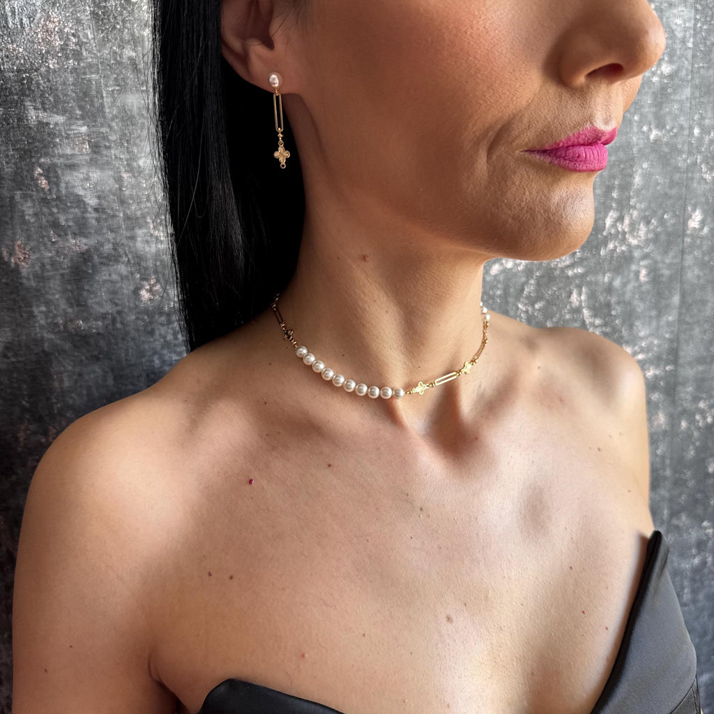 Luxury Pearl Lariat Y Necklace Gold Paperclip Chain Pearl Drop Clover Charm Choker Anniversary Gift for Her Handmade Statement Jewellery