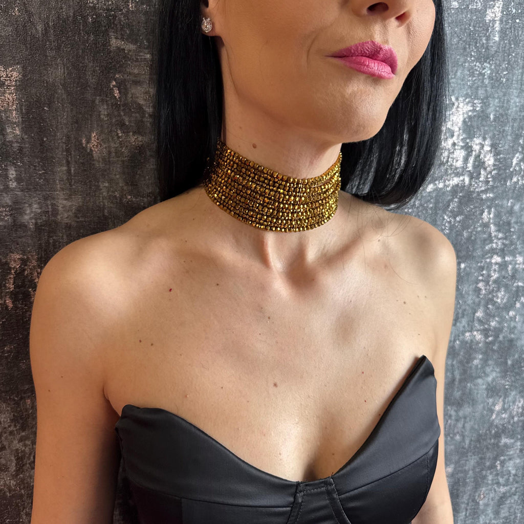 Statement Gold Choker Necklace Retro Statement Piece Vintage Style Jewelry Gift Her Elegant Accessory Multi Strand Crystal Bead Collar