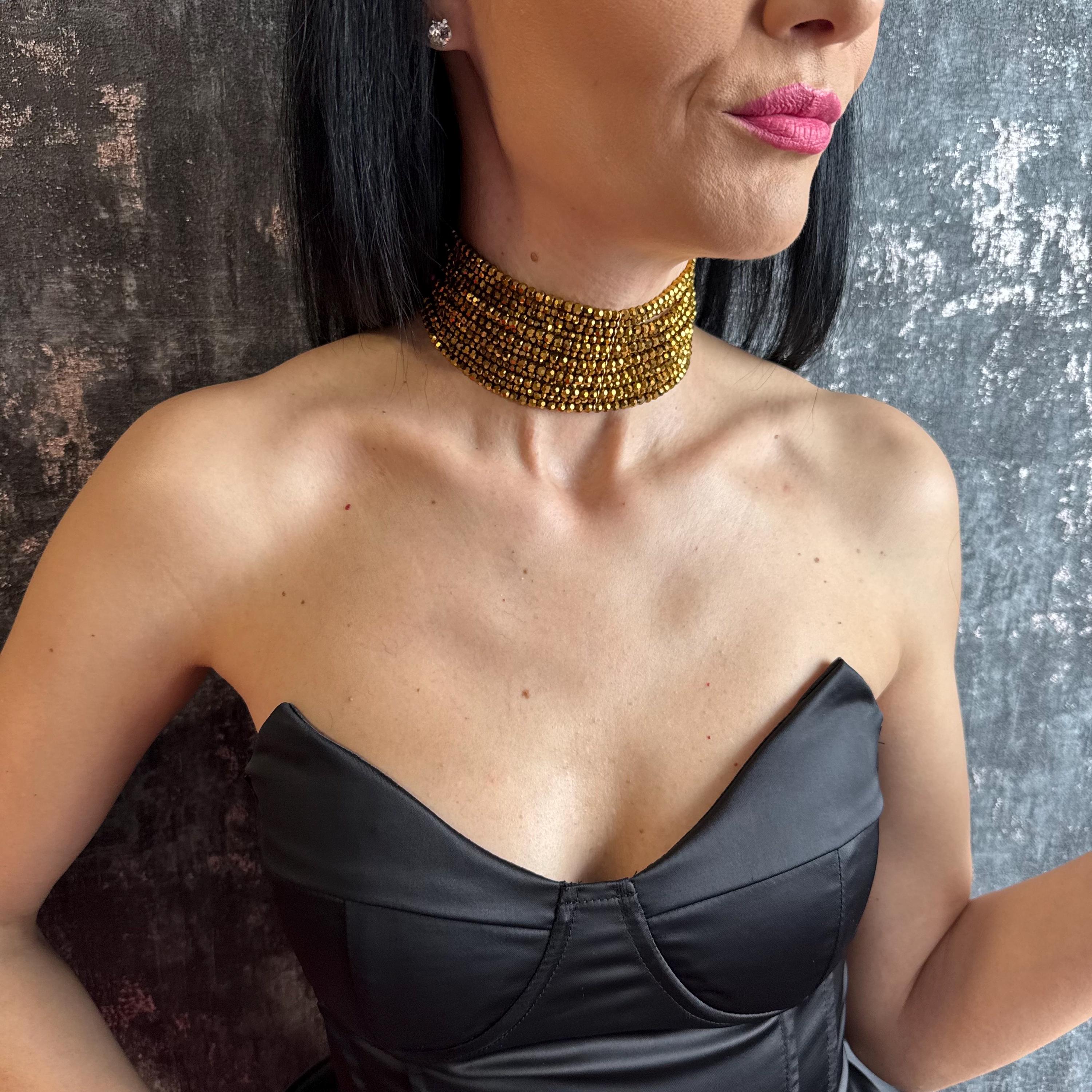 Statement Gold Choker Necklace Retro Statement Piece Vintage Style Jewelry Gift Her Elegant Accessory Multi Strand Crystal Bead Collar