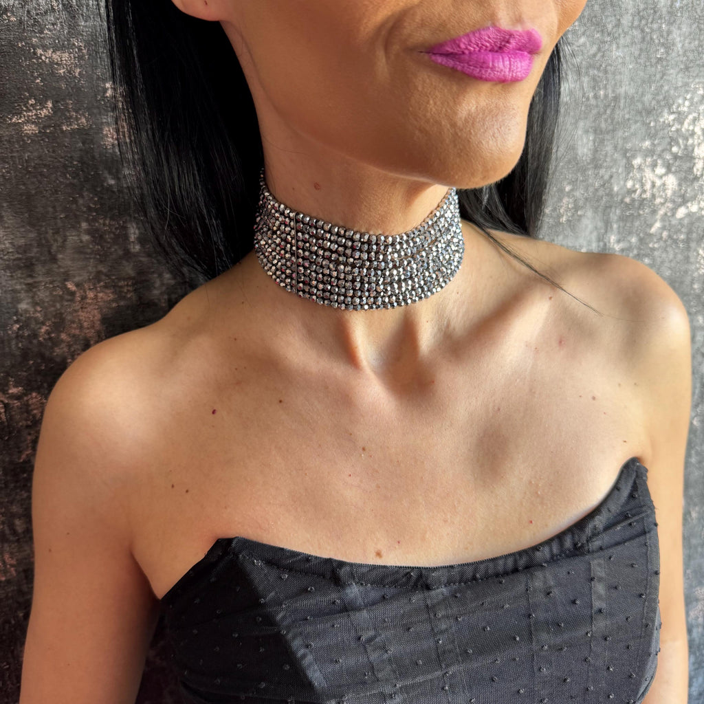 Statement Silver Choker Necklace Gift for Her Sparkly Jewelry Multi Strand Design Elegant Accessory Shiny Diamante Spark Evening Fancy Piece