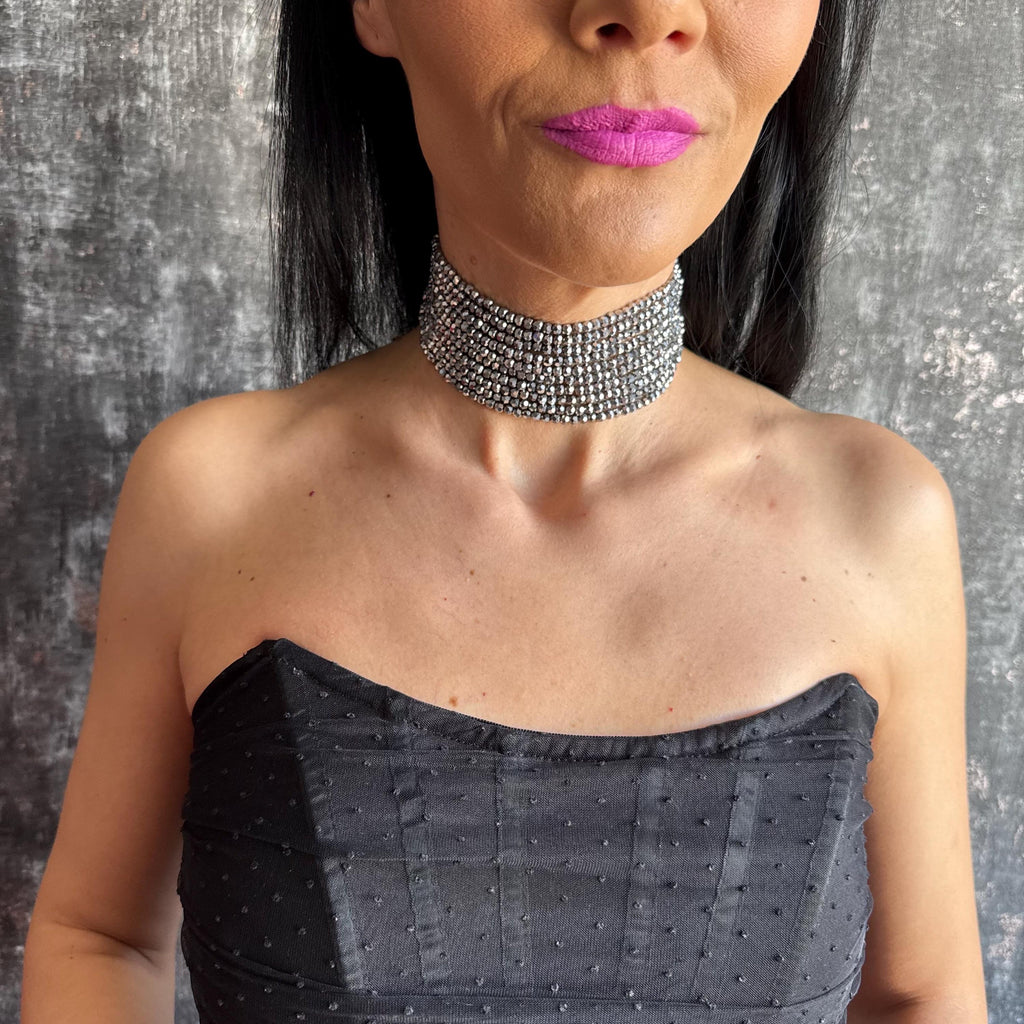 Statement Silver Choker Necklace Gift for Her Sparkly Jewelry Multi Strand Design Elegant Accessory Shiny Diamante Spark Evening Fancy Piece