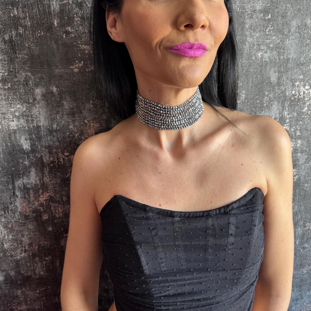 Statement Silver Choker Necklace Gift for Her Sparkly Jewelry Multi Strand Design Elegant Accessory Shiny Diamante Spark Evening Fancy Piece
