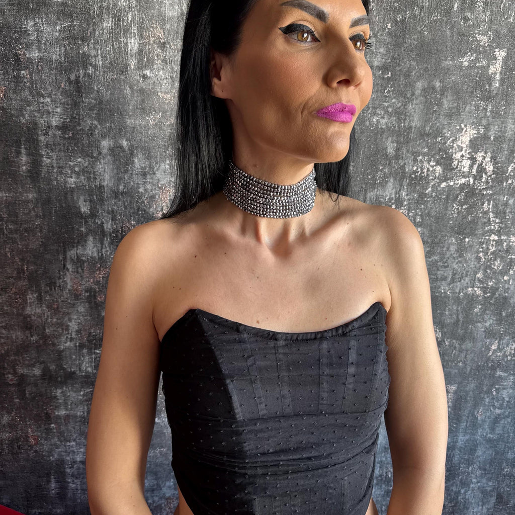 Statement Silver Choker Necklace Gift for Her Sparkly Jewelry Multi Strand Design Elegant Accessory Shiny Diamante Spark Evening Fancy Piece