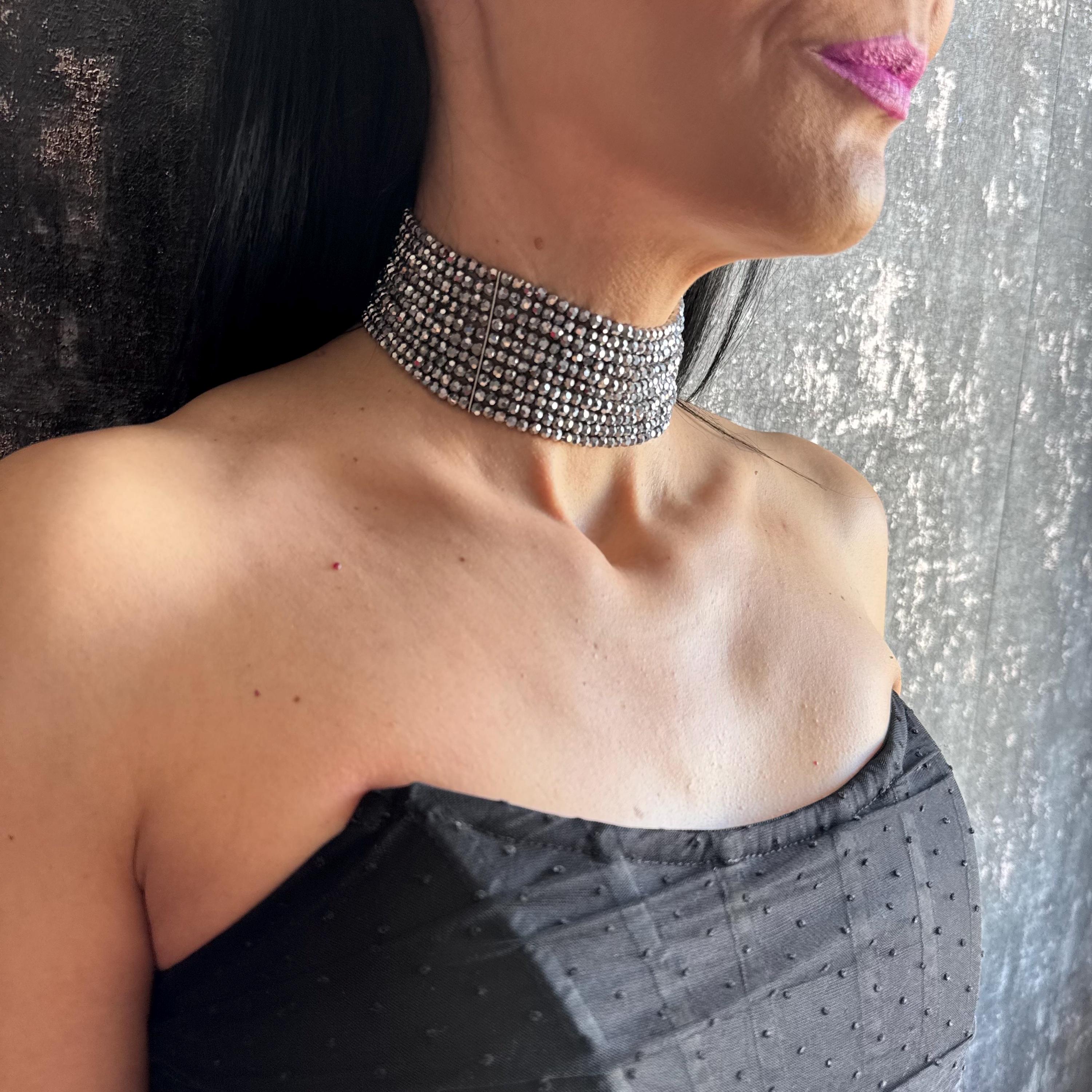 Statement Silver Choker Necklace Gift for Her Sparkly Jewelry Multi Strand Design Elegant Accessory Shiny Diamante Spark Evening Fancy Piece