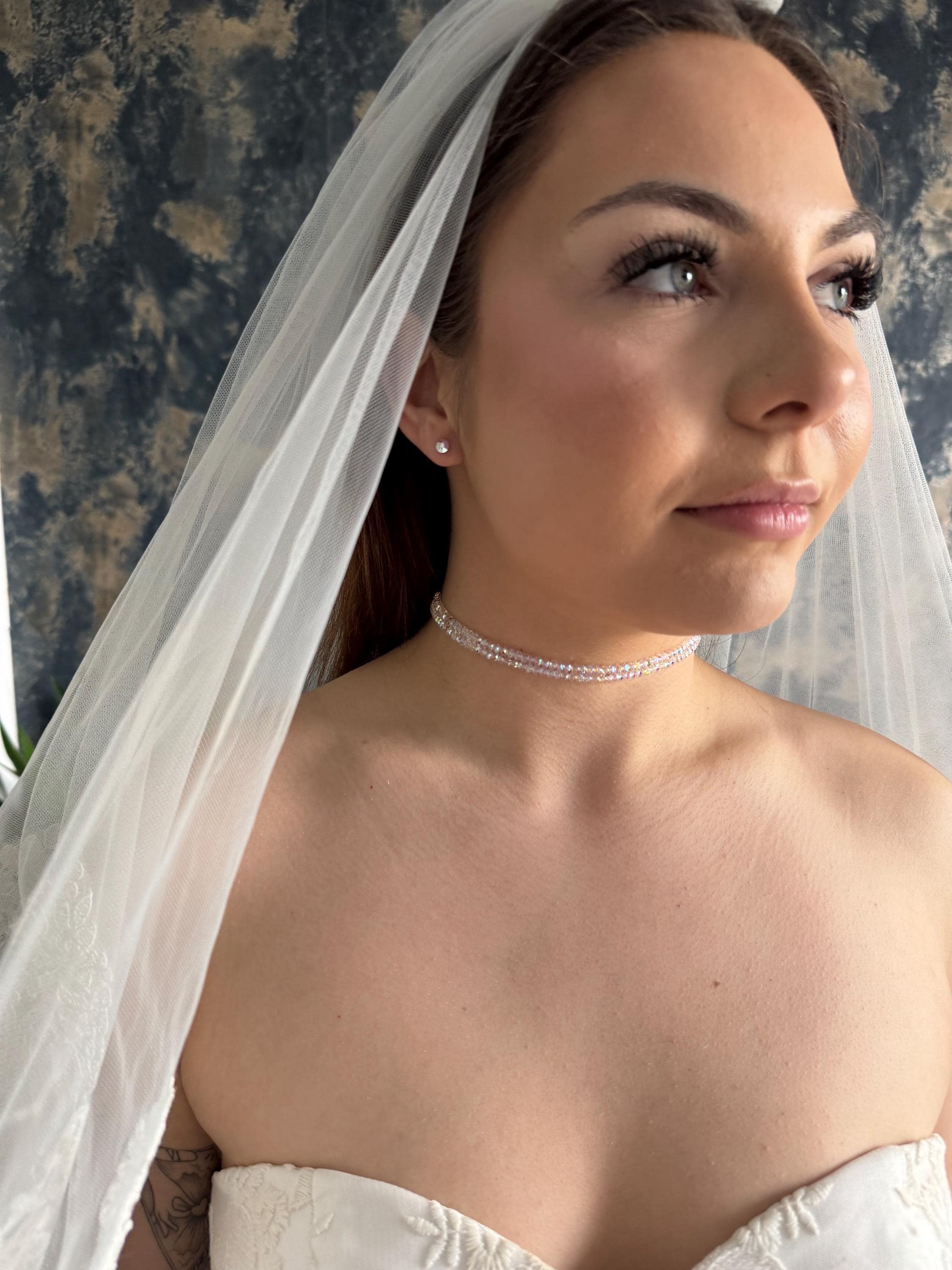 Wedding Party Jewelry Crystal Choker Necklace Swarovski Ab Beaded Design Double Strand Bridal Accessory Gold Plated Clasp Custom Length Options Elegant Bridesmaid Gift Premium Quality Construction Formal Event Style Sophisticated