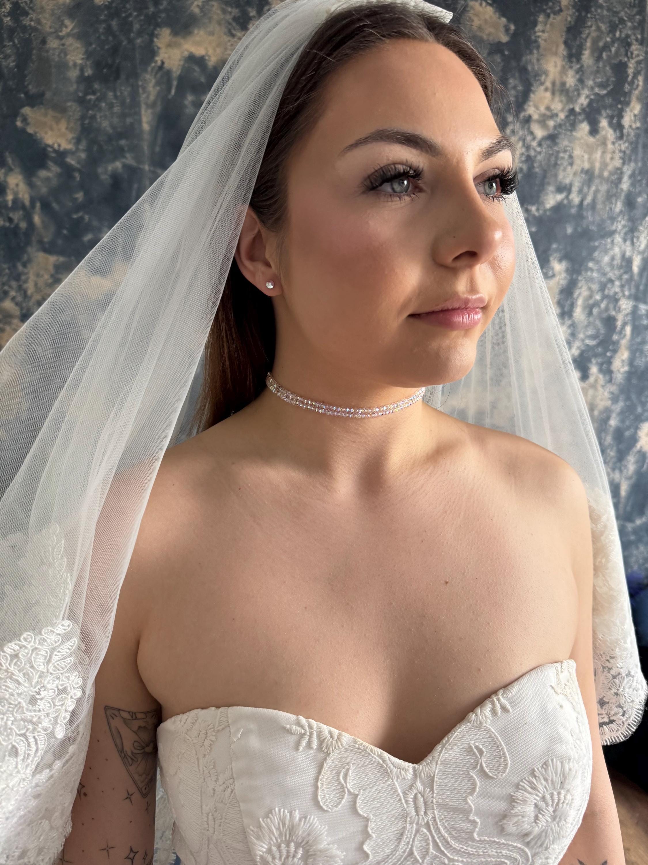 Double Strand Crystal Choker Swarovski Bridal Necklace Aurora Borealis Ab Beaded Jewelry Gold Plated Clasp Design Custom Length Options Wedding Party Accessory Perfect Bridesmaid Gift Premium Quality Construction Elegant Formal Event Style