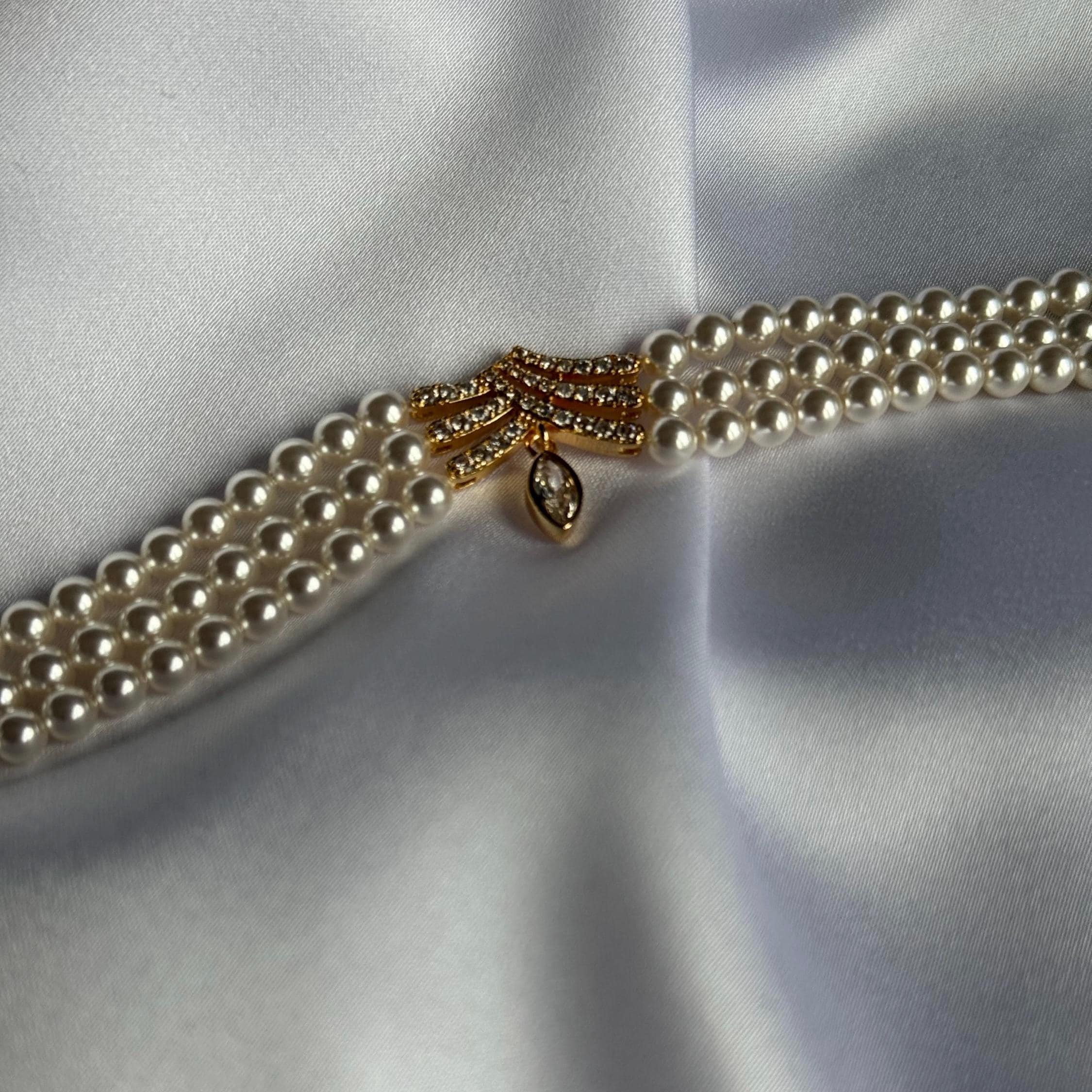 Double Strand Pearl Choker Elegant Design Crystal Pendant Centerpiece Wedding Jewelry Collection Customizable Length Option Swarovski Pearls Quality Gold Plated Elements Formal Occasion Perfect Bridal Accessory Essential Handmade Creation