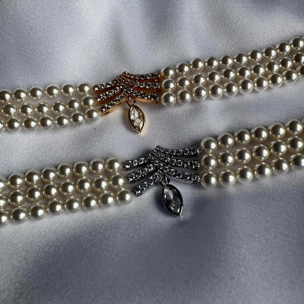 Double Strand Pearl Choker Elegant Design Crystal Pendant Centerpiece Wedding Jewelry Collection Customizable Length Option Swarovski Pearls Quality Gold Plated Elements Formal Occasion Perfect Bridal Accessory Essential Handmade Creation