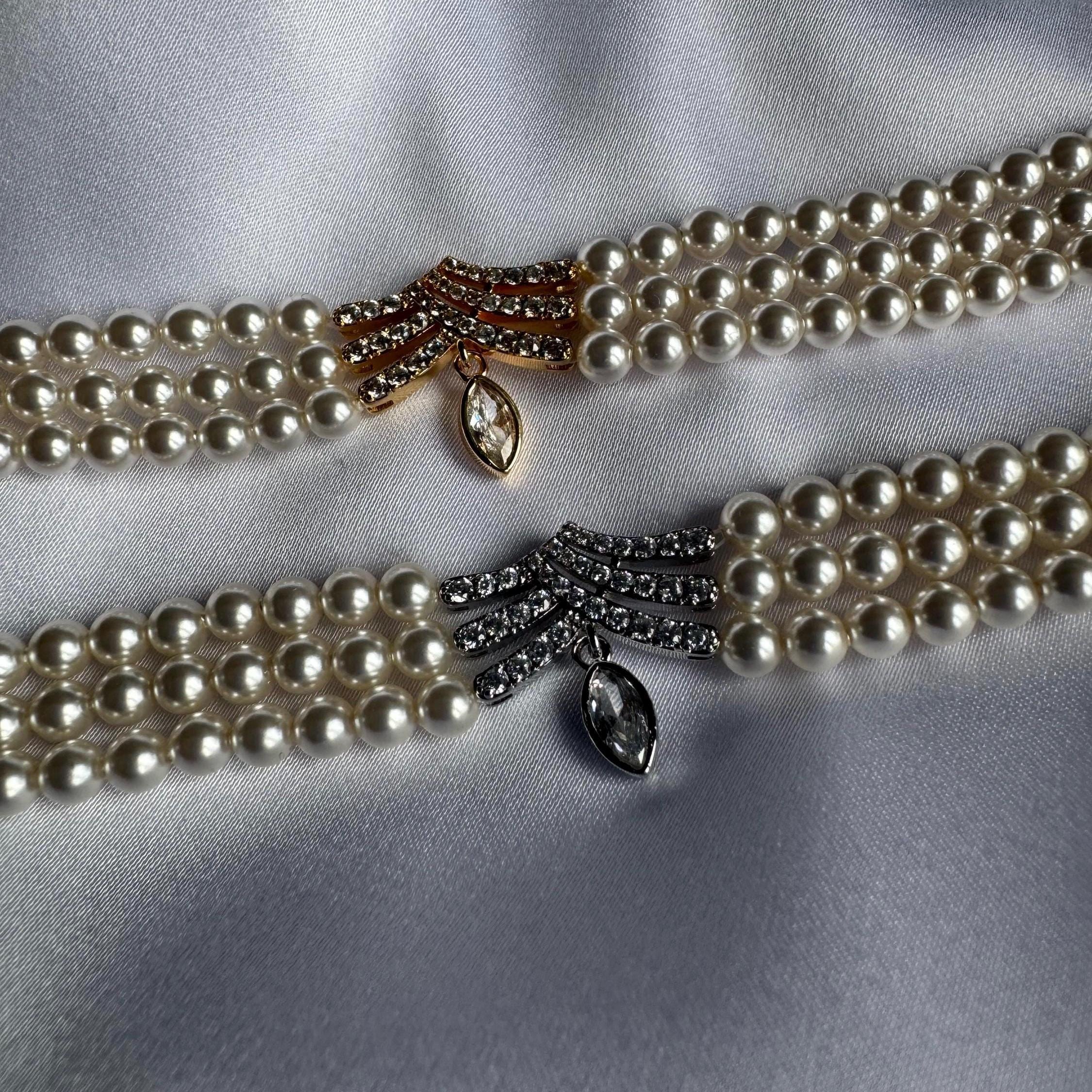 Double Strand Pearl Choker Elegant Design Crystal Pendant Centerpiece Wedding Jewelry Collection Customizable Length Option Swarovski Pearls Quality Gold Plated Elements Formal Occasion Perfect Bridal Accessory Essential Handmade Creation