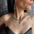 Emerald Green Choker Necklace Gold Heart Charm and Chain Green Crystal Jewelry Gift in Box