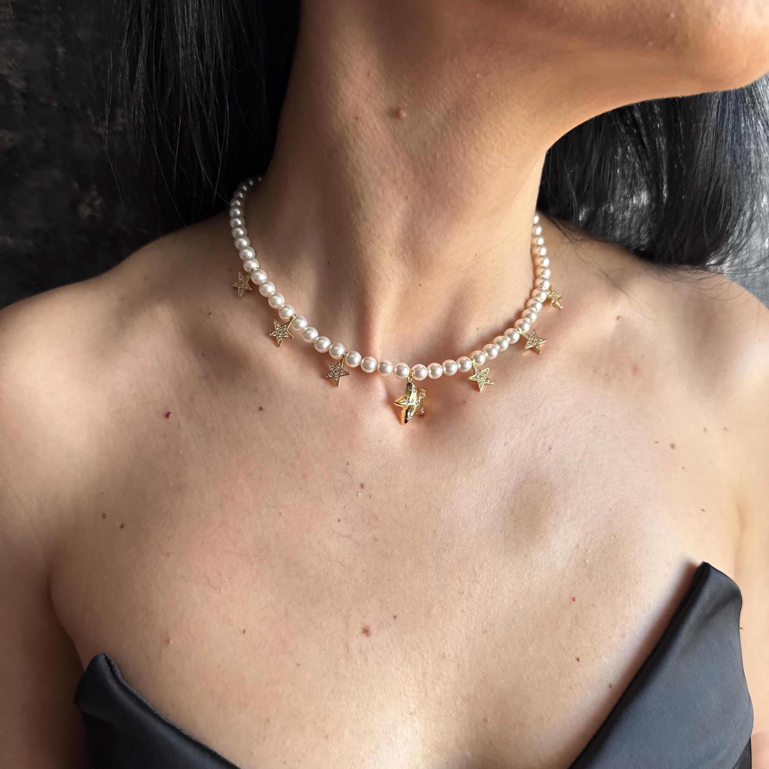Swarovski Pearl Star Choker Necklace Bridal Accessory Wedding Day Jewelry Handmade Gold Design Austrian Crystal Pearls Elegant Statement Piece Dainty Celestial Collection Perfect Special Occasion Wear Adjustable Length Options Gold Plated Finish