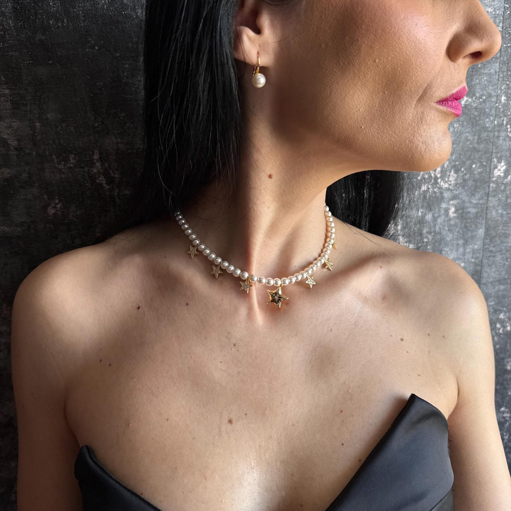 Fashion Statement Necklace Pearl Star Choker Trendy Celestial Design Handmade Gold Jewelry Premium Quality Construction Elegant Style Accessory Austrian Crystal Pearls Dainty Gold Stars Perfect Everyday Wear Special Occasion Piece