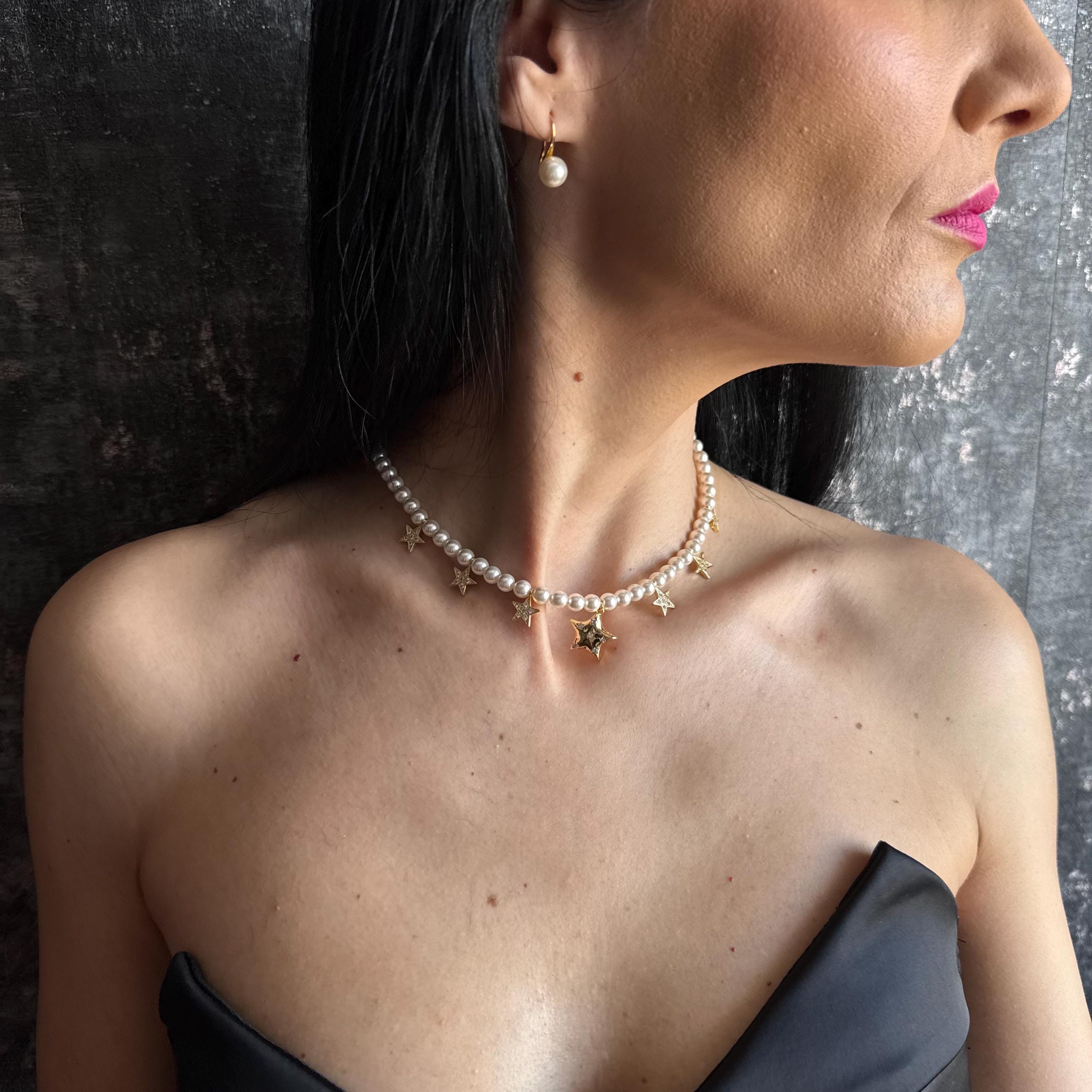 Fashion Statement Necklace Pearl Star Choker Trendy Celestial Design Handmade Gold Jewelry Premium Quality Construction Elegant Style Accessory Austrian Crystal Pearls Dainty Gold Stars Perfect Everyday Wear Special Occasion Piece