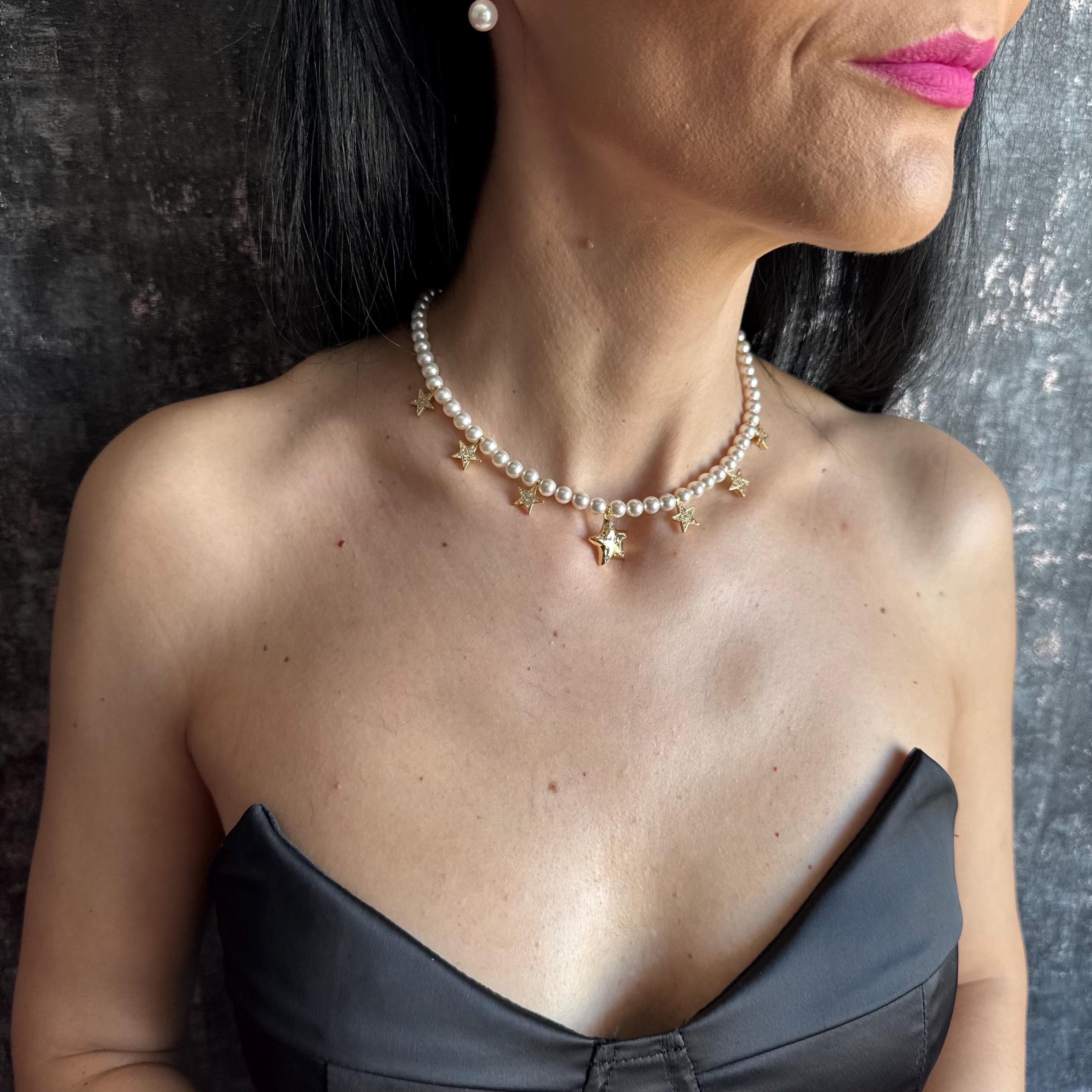 Celestial Star Necklace Swarovski  Pearl Choker Design Handmade Gold Jewelry Austrian Crystal Elements Elegant Fashion Statement Trendy Celestial Theme Adjustable Length Options Wedding Accessory Special Occasion Piece High Quality Construction Dainty