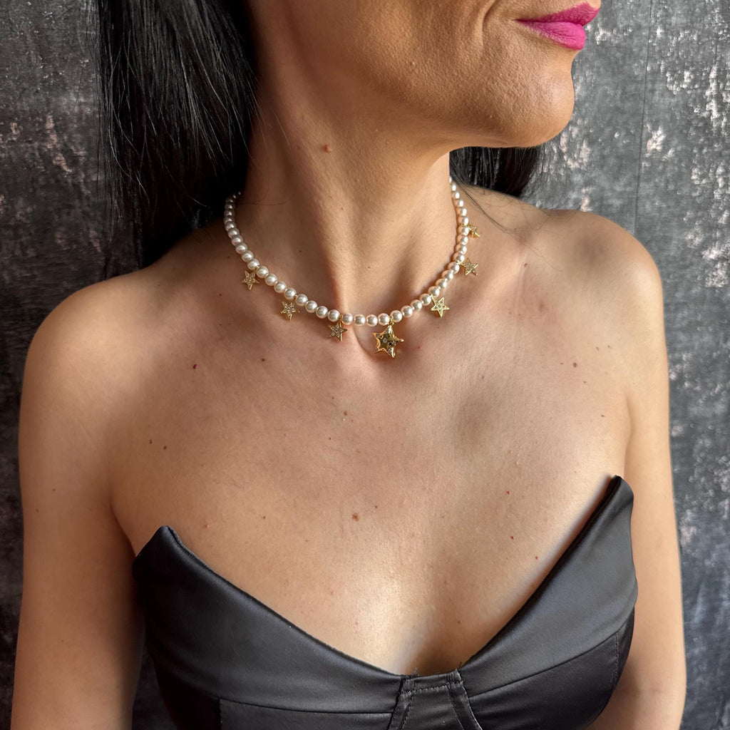 Swarovski Pearl Star Choker Necklace Bridal Accessory Wedding Day Jewelry Handmade Gold Design Austrian Crystal Pearls Elegant Statement Piece Dainty Celestial Collection Perfect Special Occasion Wear Adjustable Length Options Gold Plated Finish