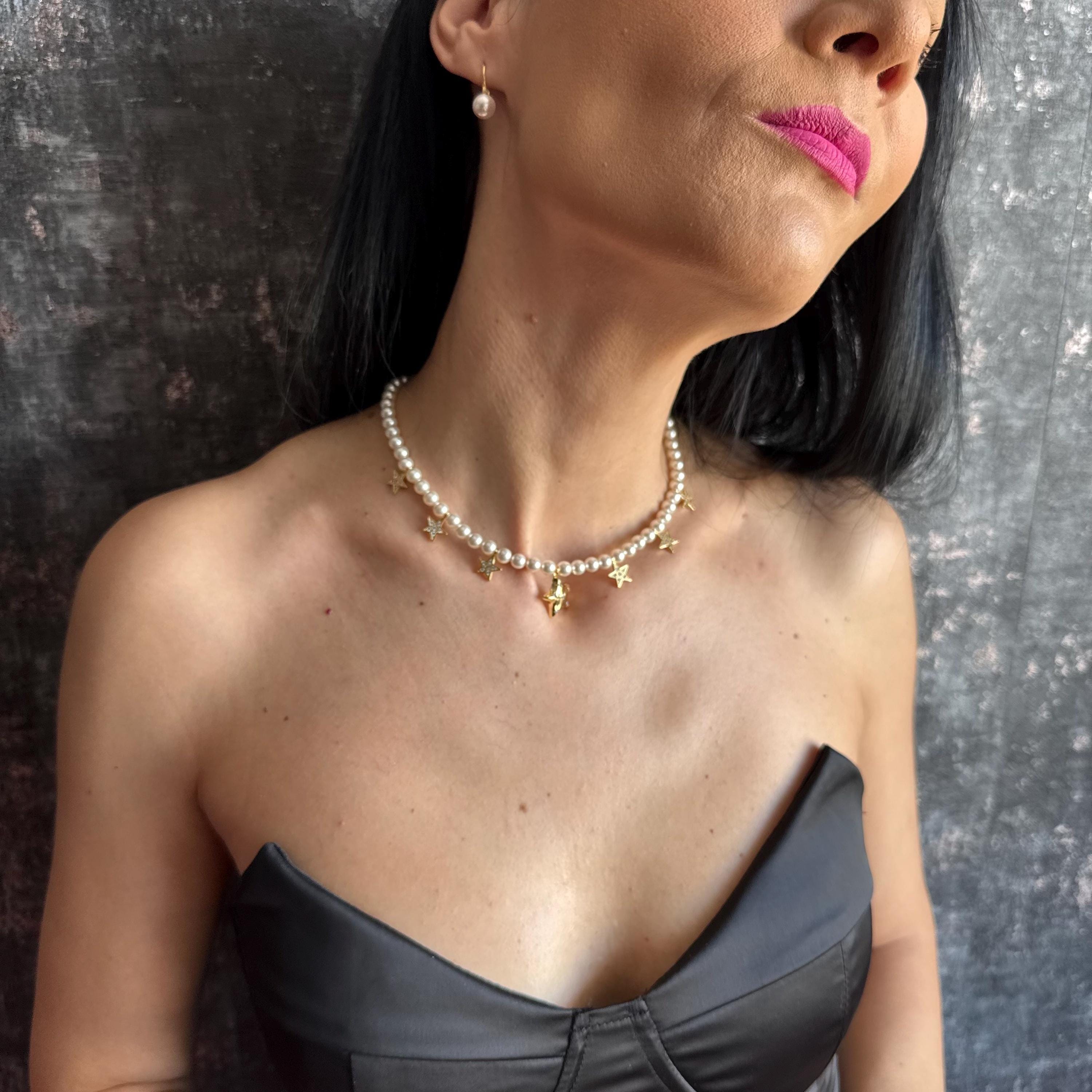 Fashion Statement Necklace Pearl Star Choker Trendy Celestial Design Handmade Gold Jewelry Premium Quality Construction Elegant Style Accessory Austrian Crystal Pearls Dainty Gold Stars Perfect Everyday Wear Special Occasion Piece