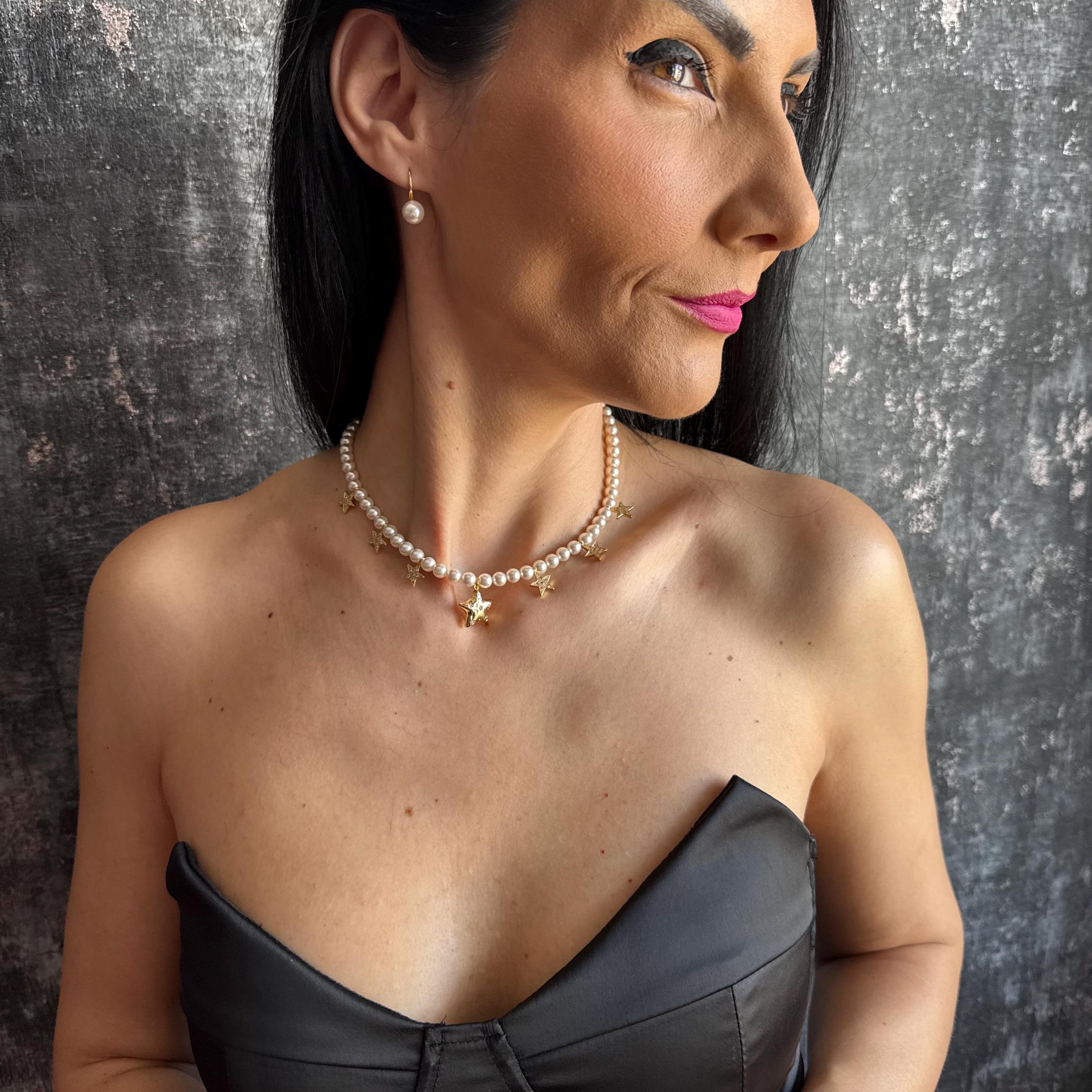 Fashion Statement Necklace Pearl Star Choker Trendy Celestial Design Handmade Gold Jewelry Premium Quality Construction Elegant Style Accessory Austrian Crystal Pearls Dainty Gold Stars Perfect Everyday Wear Special Occasion Piece