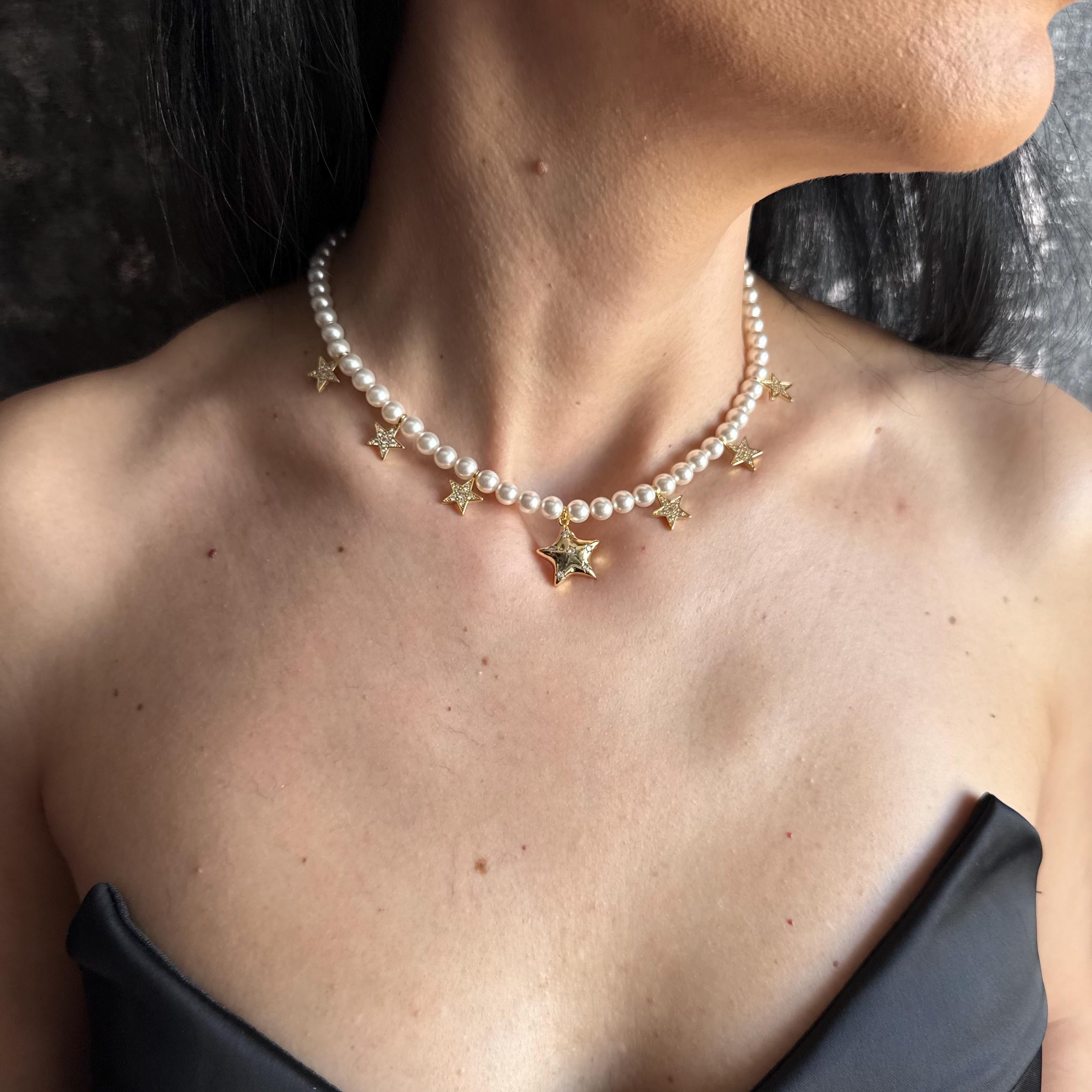 Fashion Statement Necklace Pearl Star Choker Trendy Celestial Design Handmade Gold Jewelry Premium Quality Construction Elegant Style Accessory Austrian Crystal Pearls Dainty Gold Stars Perfect Everyday Wear Special Occasion Piece