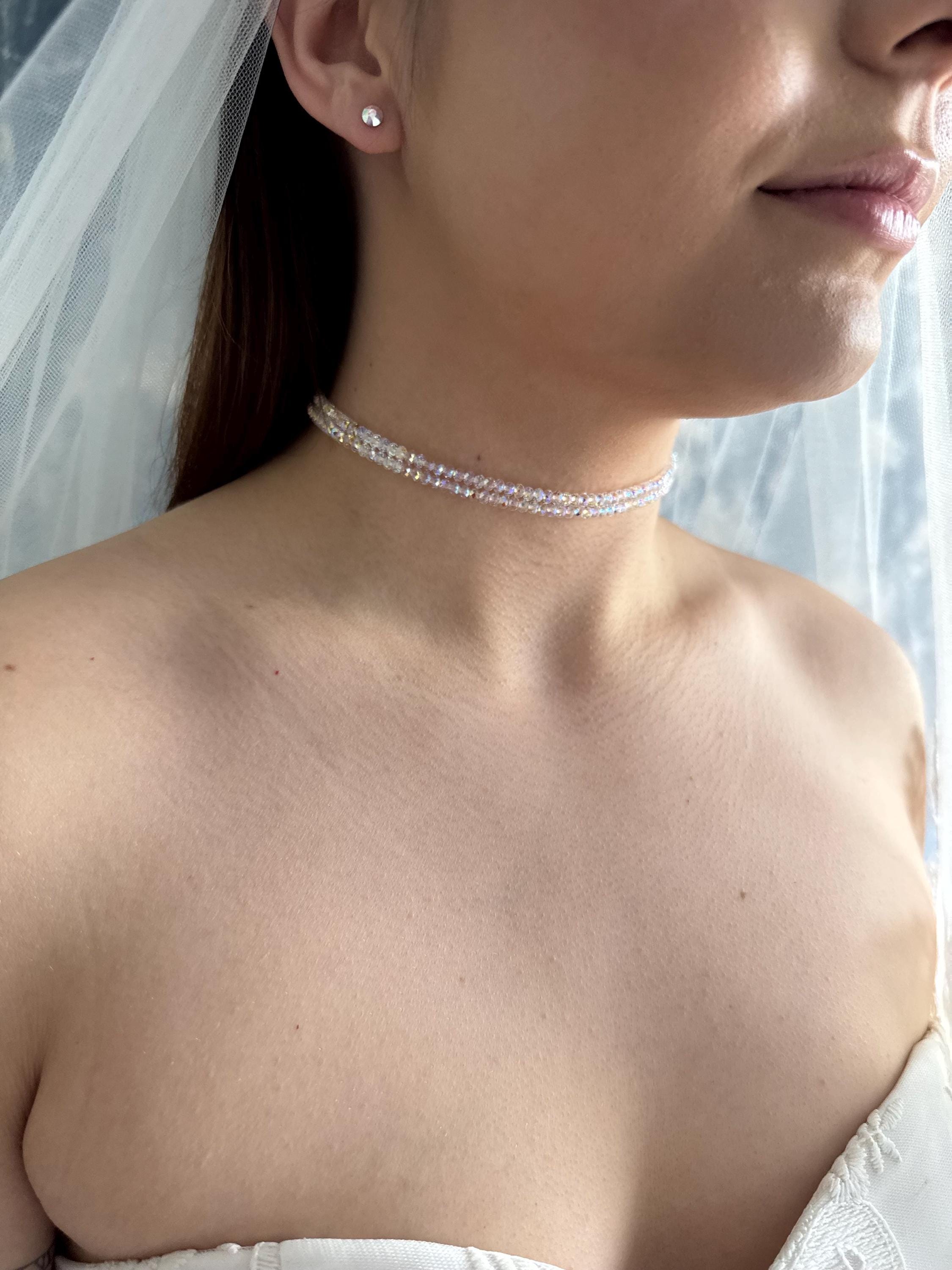 Bridal Choker Necklace Double Strand Crystal Design Swarovski Wedding Jewelry Collection Handcrafted Quality Construction Faceted Bead Details Rainbow Shimmer Effect Gold Plated Finish Platinum Option Available Perfect Wedding Day