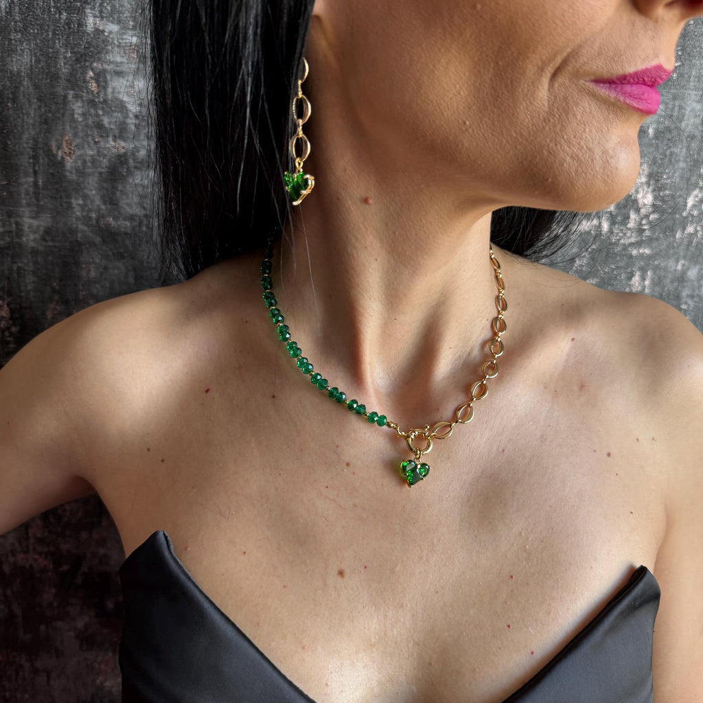Emerald Green Necklace and Earrings Set Gold Heart Jewelry Set Green Crystal Beaded Choker