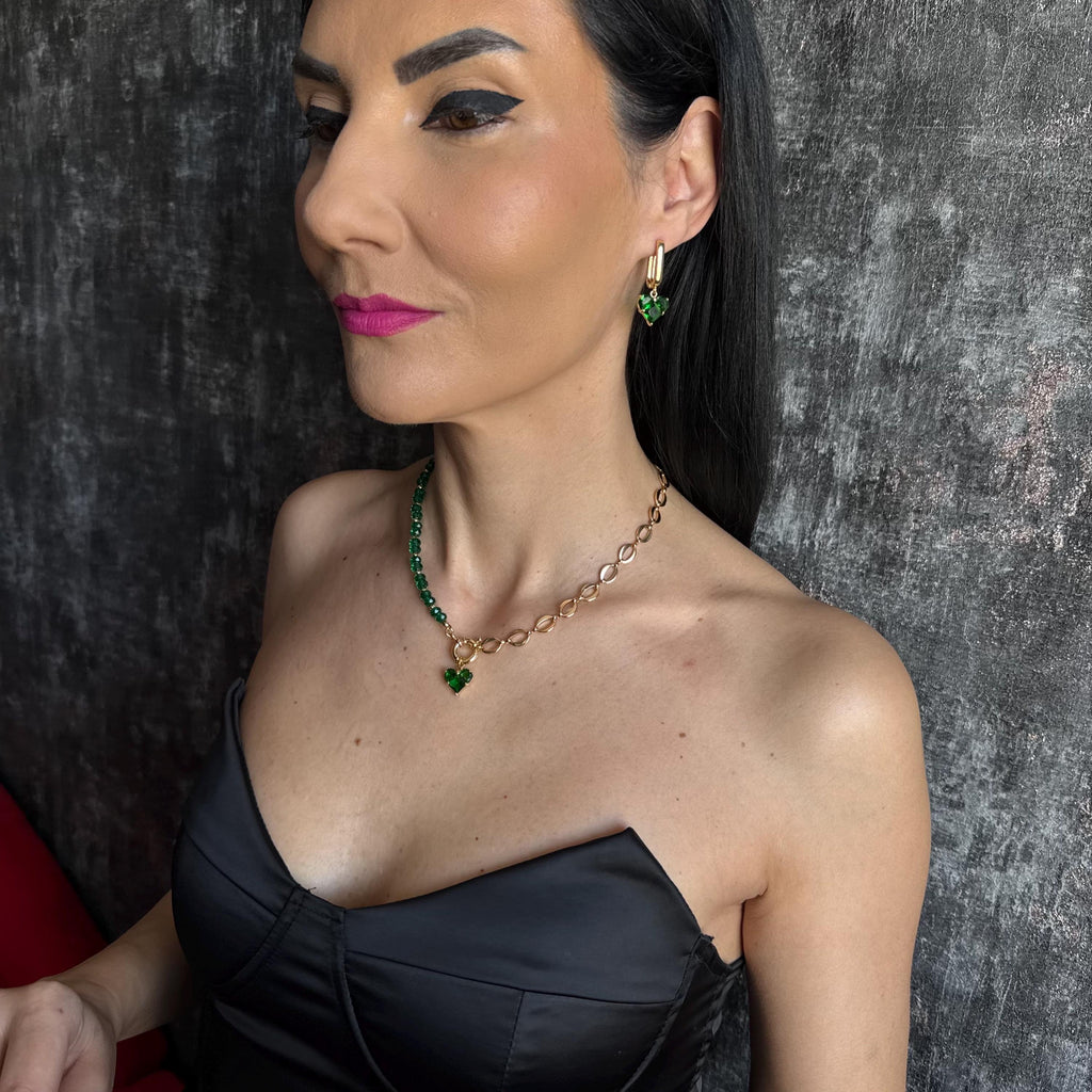 Emerald Green Necklace and Earrings Set Gold Heart Jewelry Set Green Crystal Beaded Choker