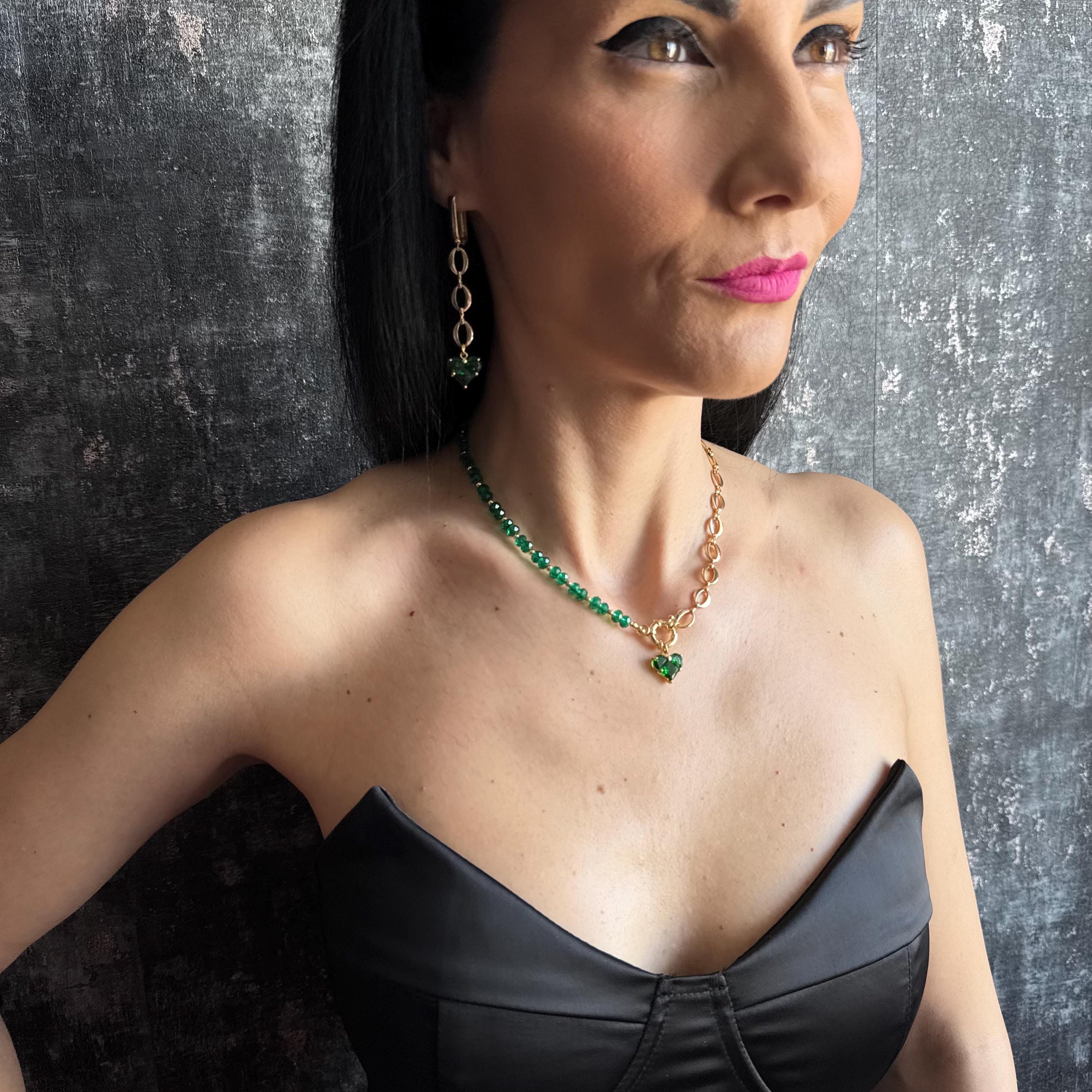 Emerald Green Necklace and Earrings Set Gold Heart Jewelry Set Green Crystal Beaded Choker