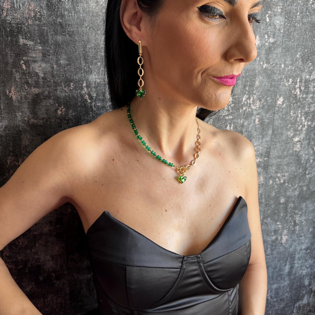 Emerald Green Earrings Gold Heart Chain Drop Asymmetrical Earrings Statement Jewelry Gift Idea Special Occasion Fashion