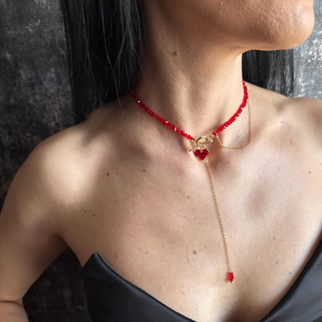 Red Choker Necklace Gold Toggle Clasp Jewelry Heart Charm Beaded Lariat Statement Piece Gift Box Valentine Present Women Accessory