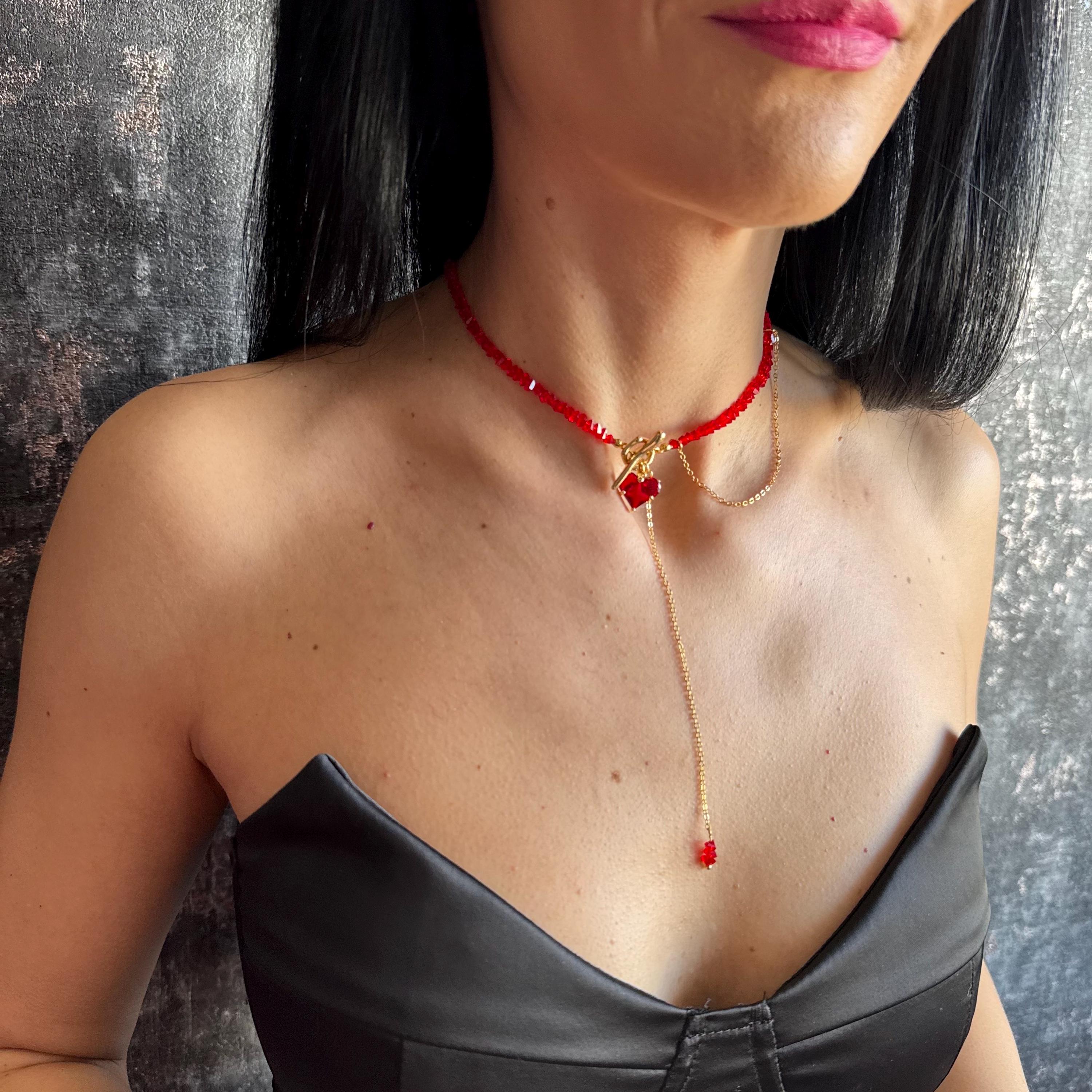 Red Choker Necklace Gold Toggle Clasp Jewelry Heart Charm Beaded Lariat Statement Piece Gift Box Valentine Present Women Accessory