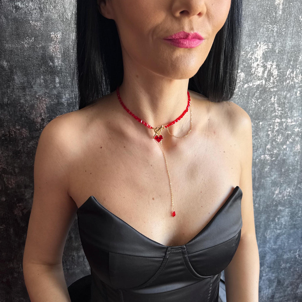 Red Choker Necklace Gold Toggle Clasp Jewelry Heart Charm Beaded Lariat Statement Piece Gift Box Valentine Present Women Accessory