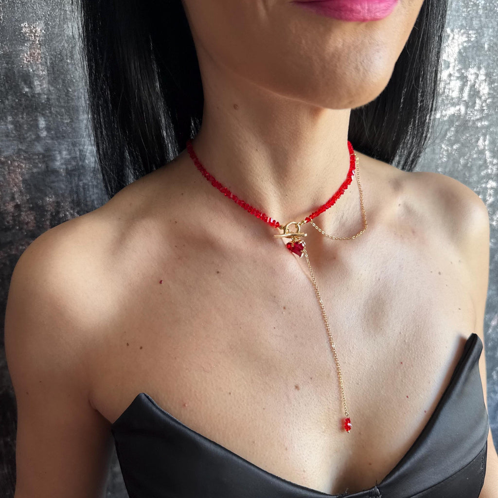 Red Choker Necklace Gold Toggle Clasp Jewelry Heart Charm Beaded Lariat Statement Piece Gift Box Valentine Present Women Accessory