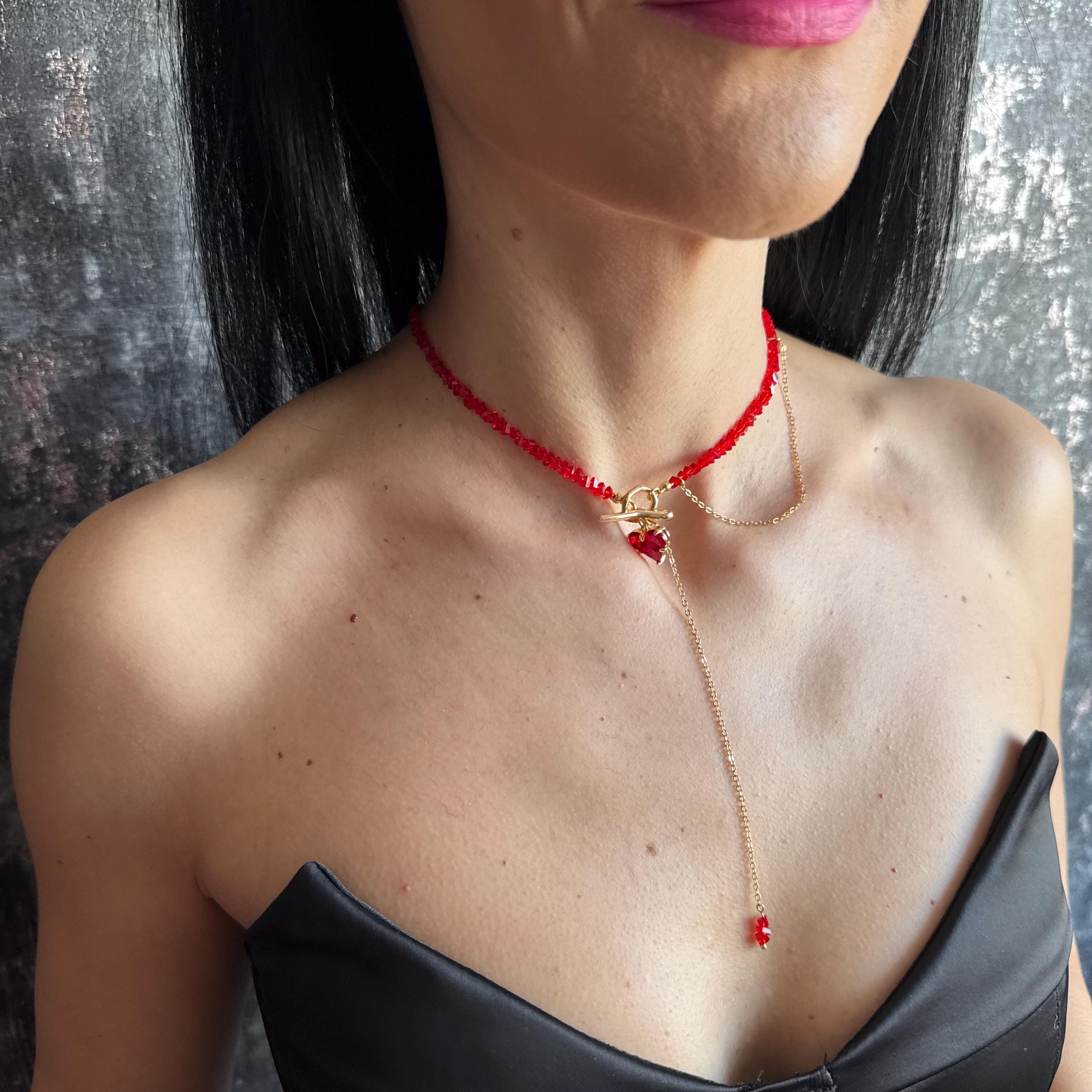 Red Choker Necklace Gold Toggle Clasp Jewelry Heart Charm Beaded Lariat Statement Piece Gift Box Valentine Present Women Accessory