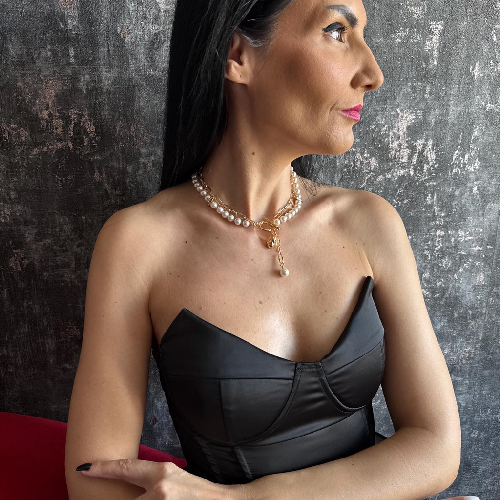 Pearl Lariat Necklace Gold Toggle Pearl Choker Necklace Handmade Pearl Chain Necklace Statement Layering Jewelry