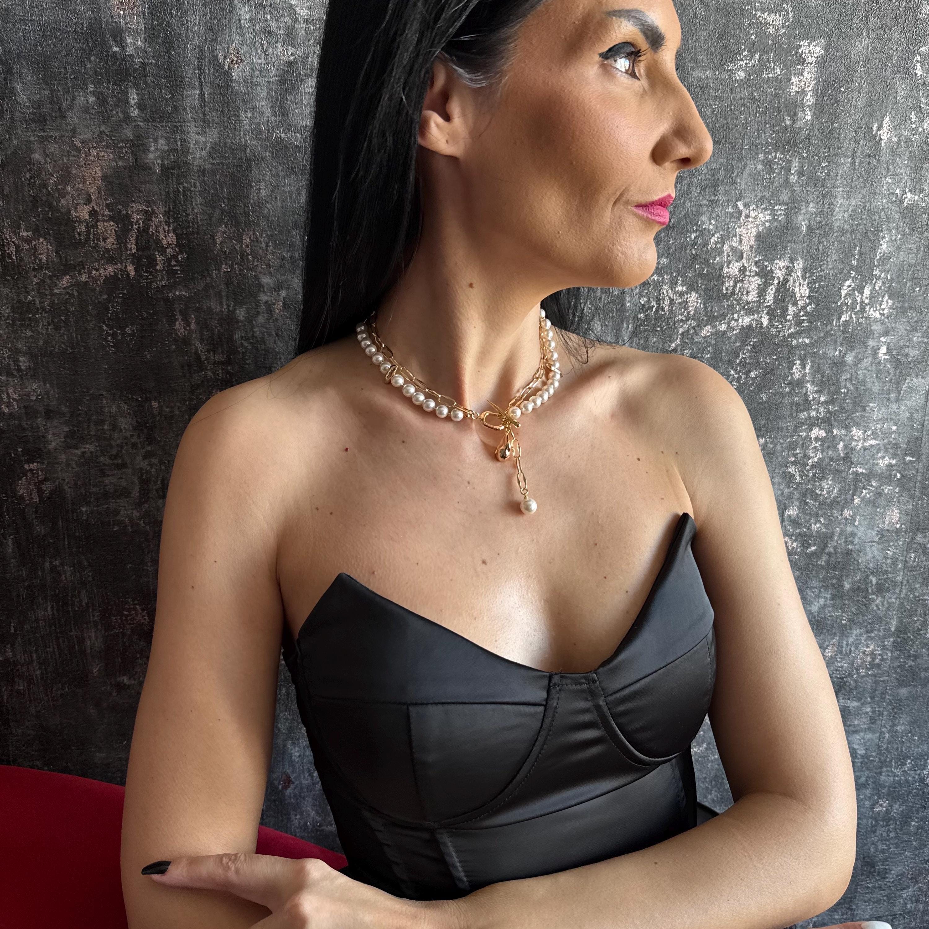 Pearl Lariat Necklace Gold Toggle Pearl Choker Necklace Handmade Pearl Chain Necklace Statement Layering Jewelry