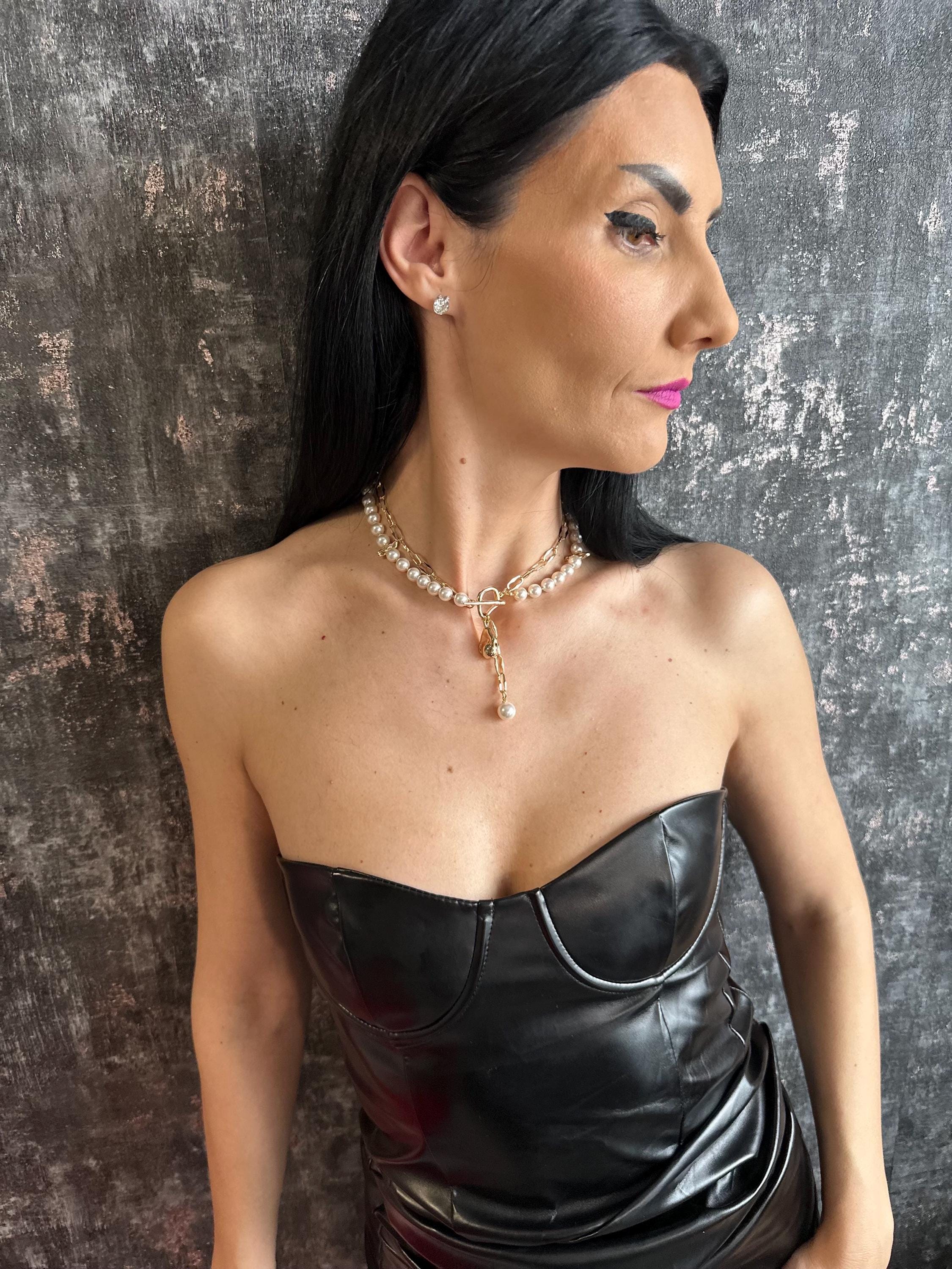 Pearl Lariat Necklace Gold Toggle Pearl Choker Necklace Handmade Pearl Chain Necklace Statement Layering Jewelry